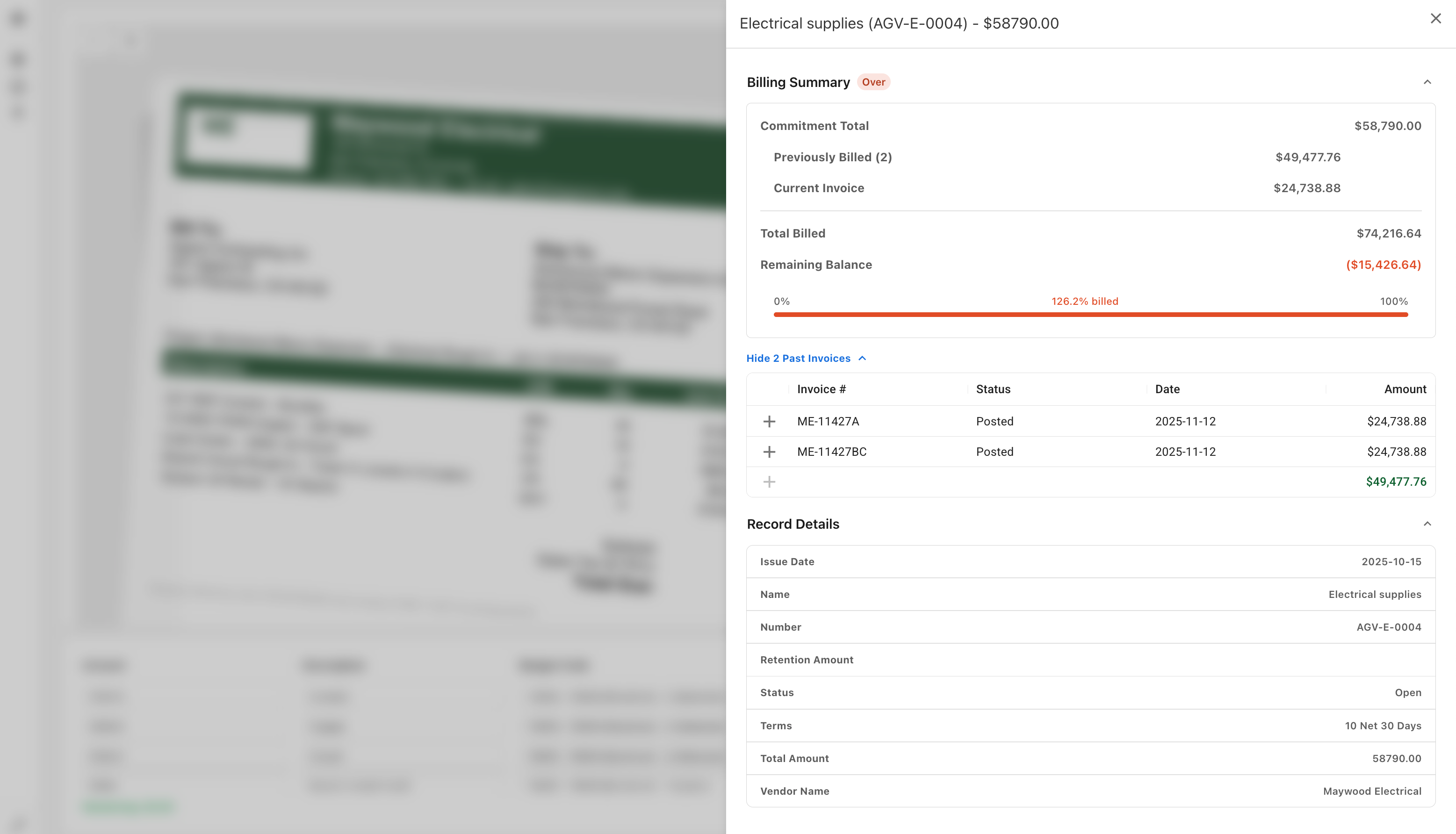 Overbilling details in the commitment billing panel