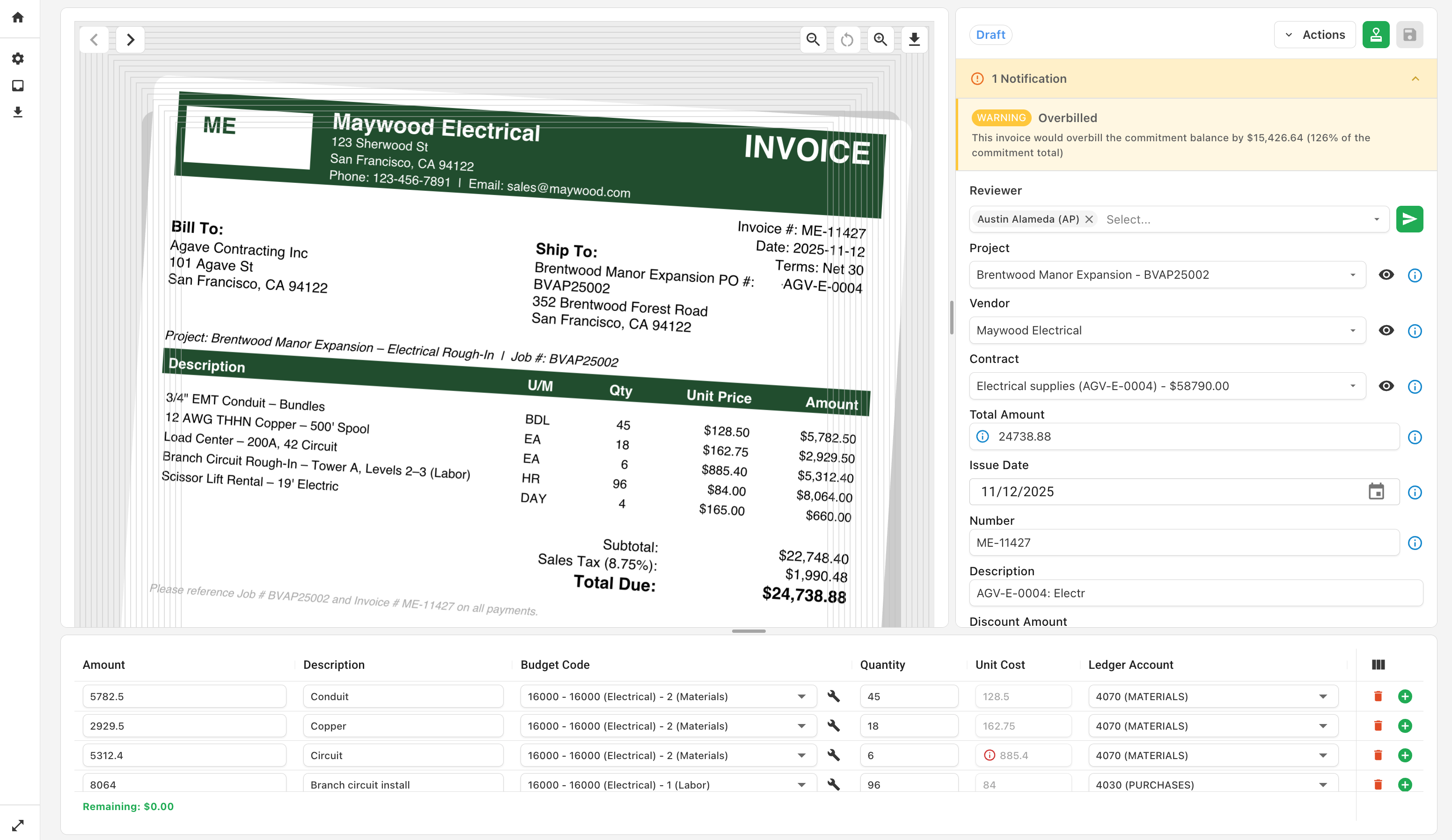 Overbilling warning on the invoice review screen