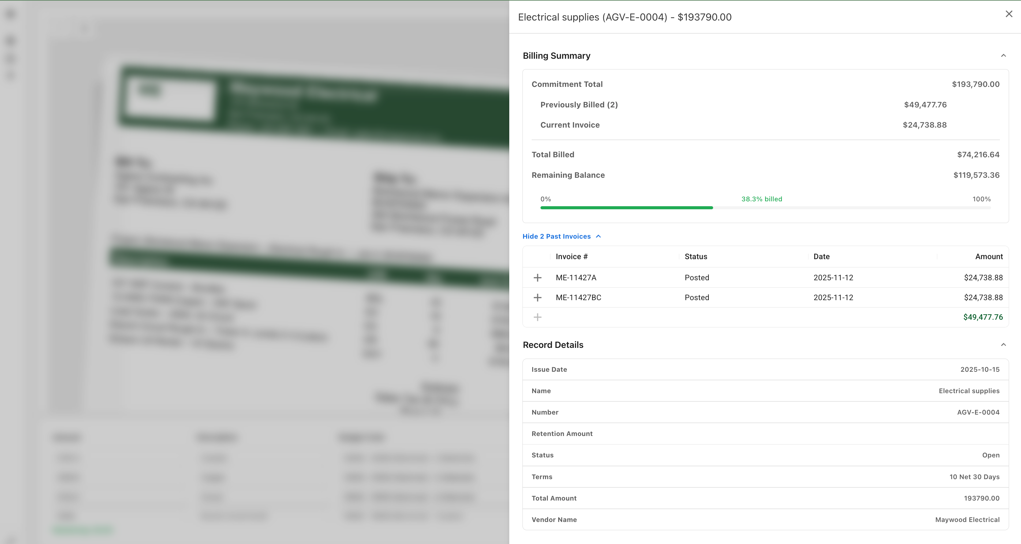 Contract billing summary in the commitment panel