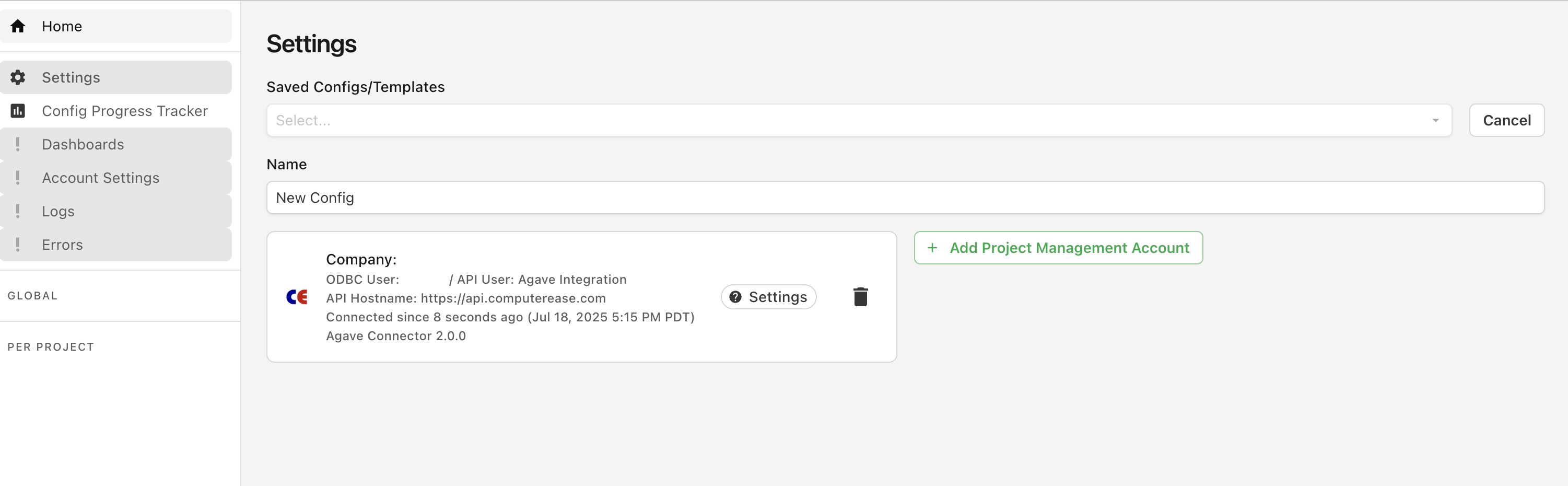 Agave showing ComputerEase connected successfully