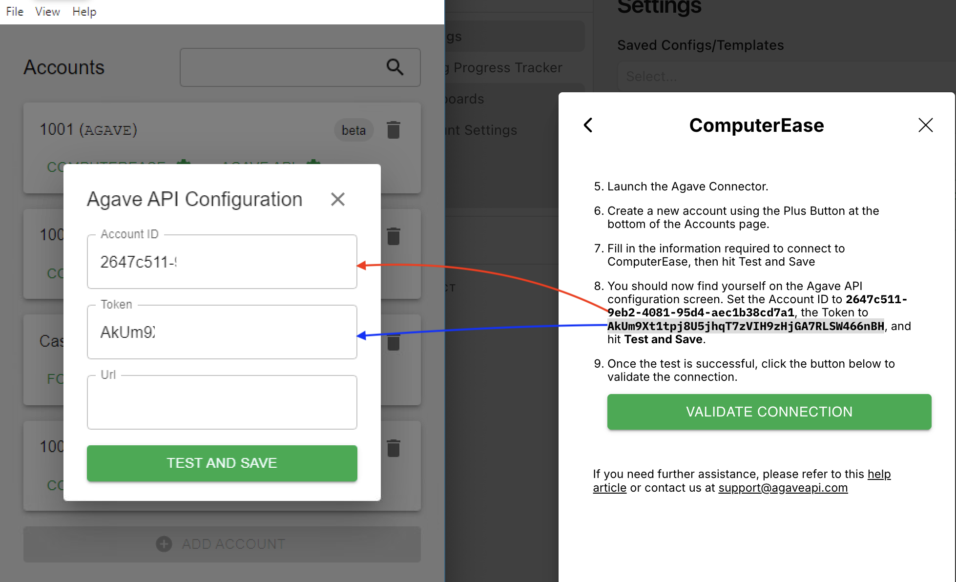 Agave Connector screen requesting Account ID and Account Token