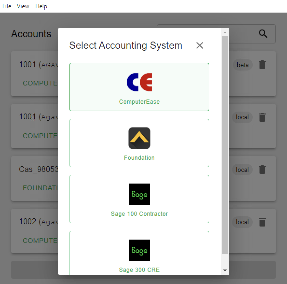 Agave Connector Add Account screen with ComputerEase selected