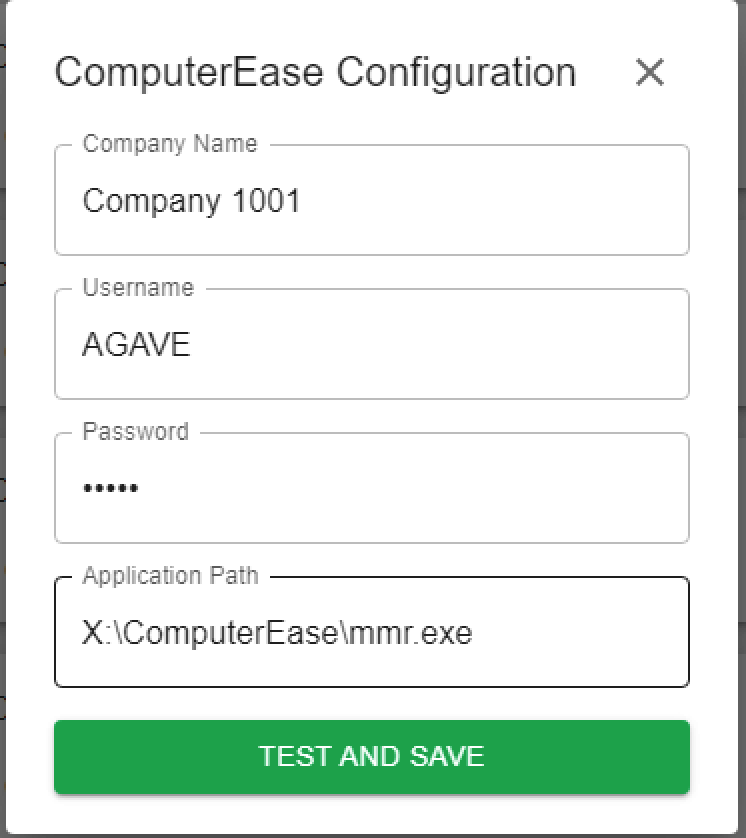 Agave Connector form with Company Number, Username, Password, and Application Path