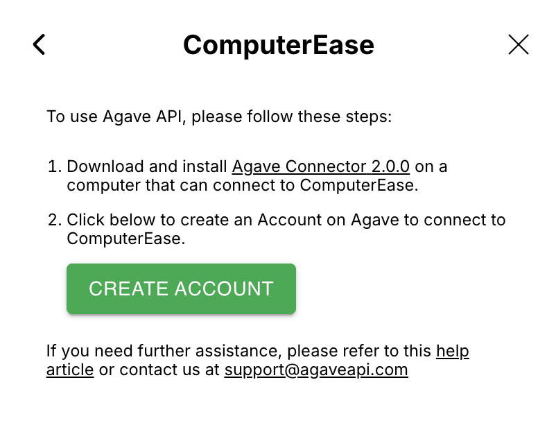 Agave setup screen with the Agave Connector download link