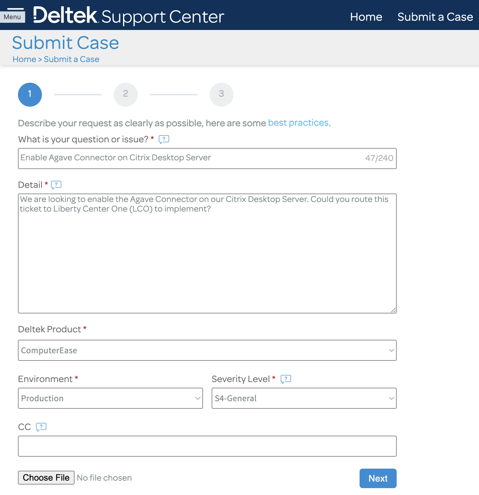 Deltek support case form with Agave Connector request details
