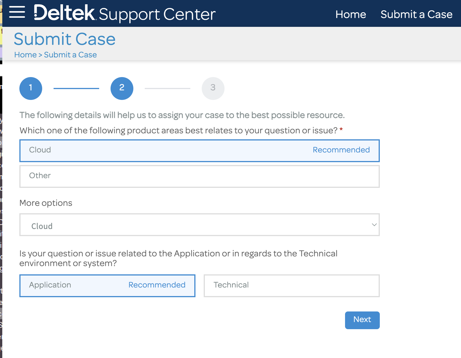Deltek case form with Cloud product area and Application question type