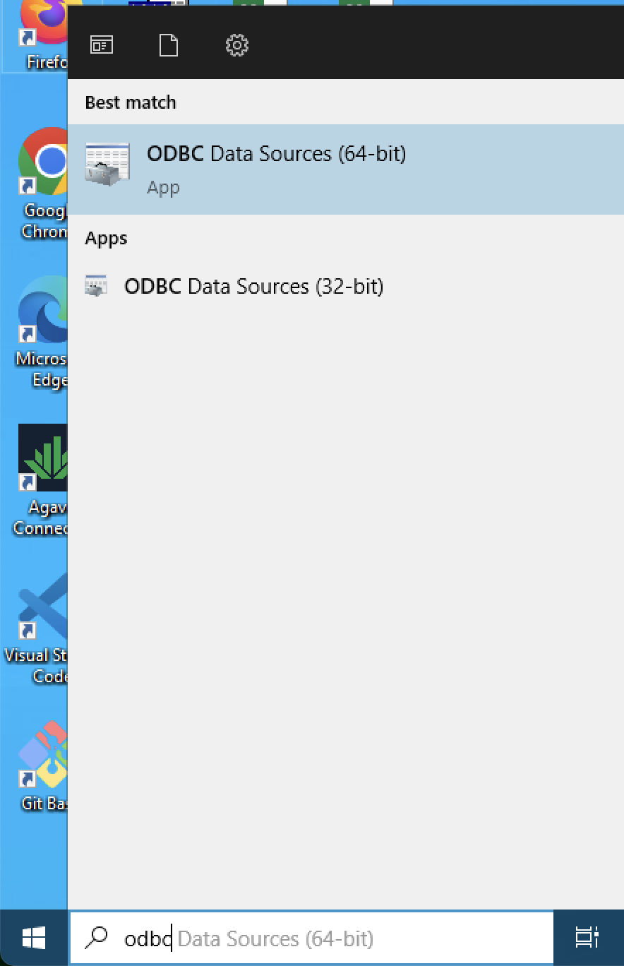 Windows Taskbar with ODBC Data sources 64-bit