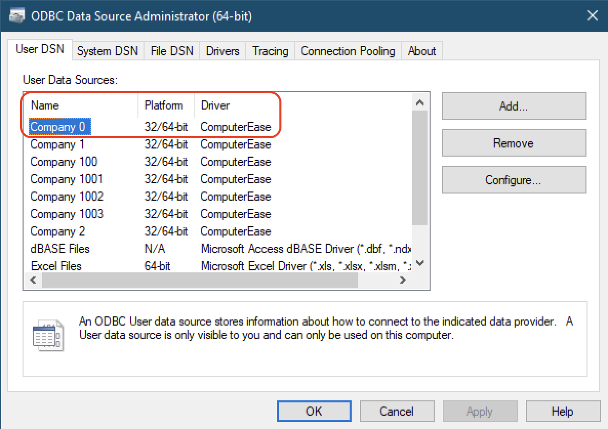 ODBC Data Source Administrator User DSN tab showing company names