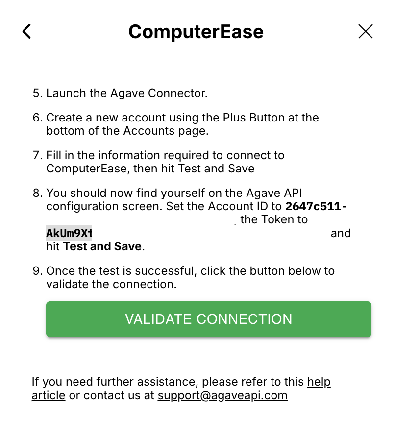 Agave setup screen with the Validate Connection button