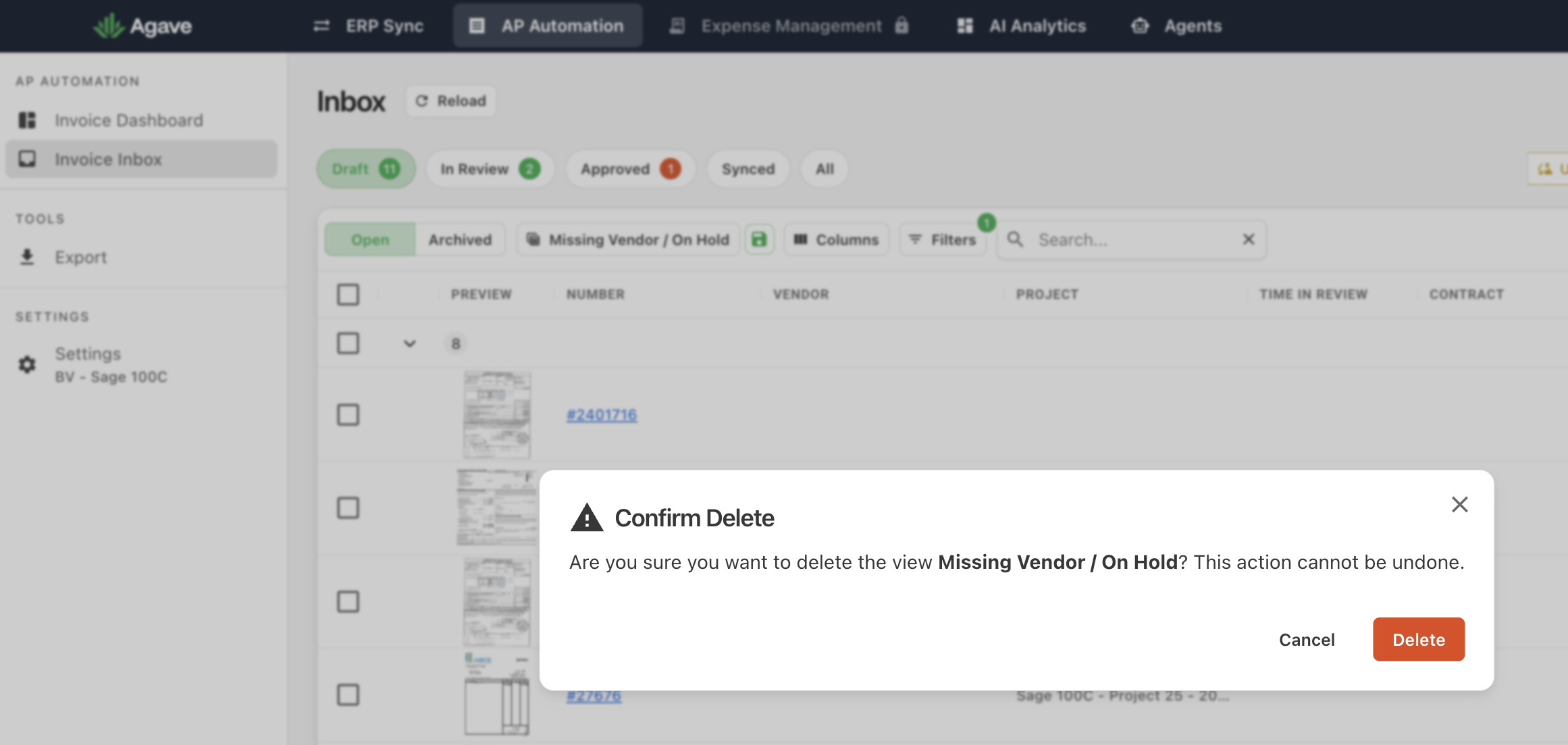 Confirm Delete dialog for a saved view