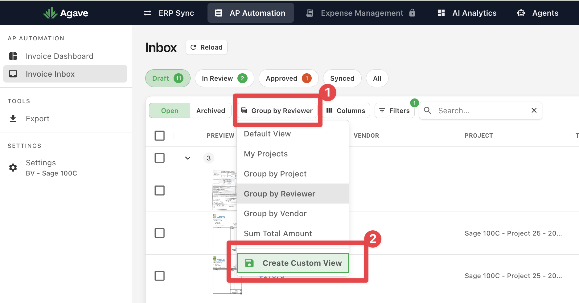 View selector with Create Custom View highlighted