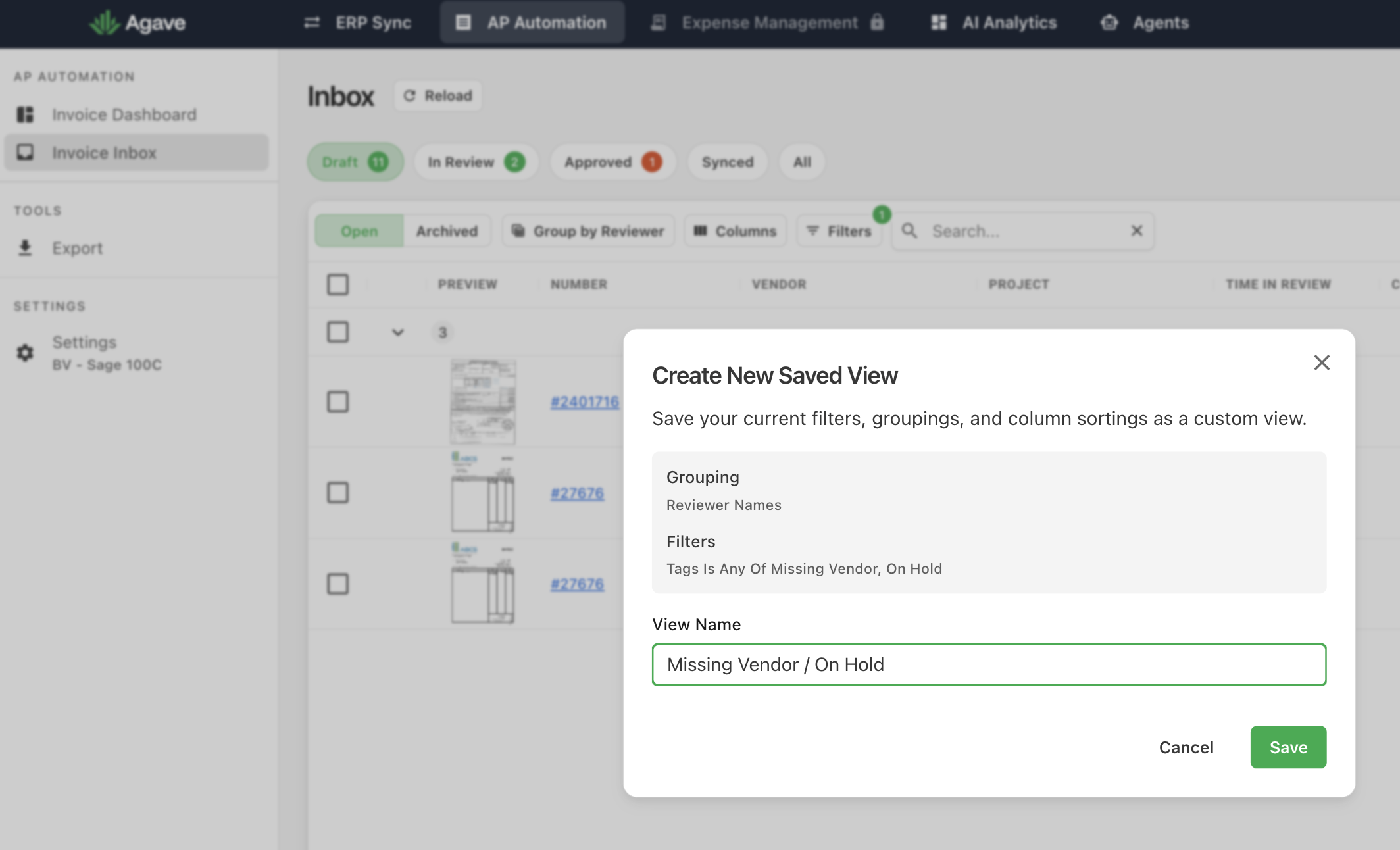 The Create New Saved View dialog