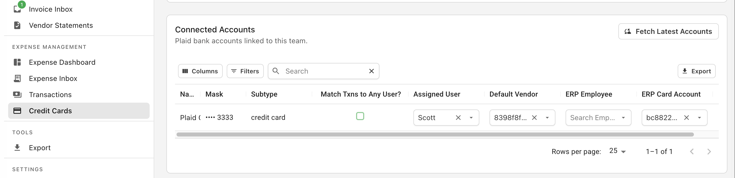 The Credit Cards page showing the Connected Accounts table with one card ending in 3333, assigned to a user, with a default vendor and ERP card account selected