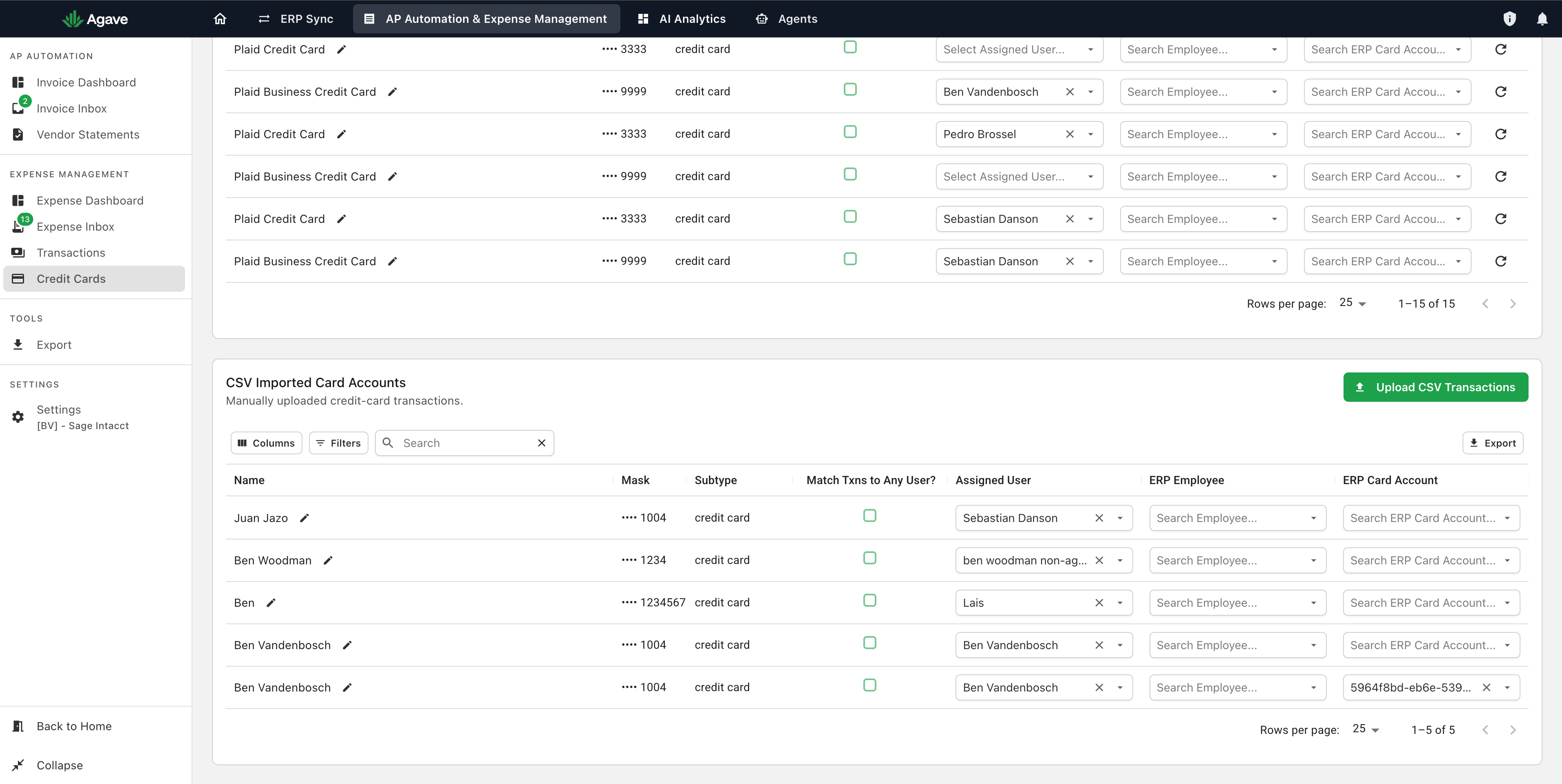 The Credit Cards page with the CSV Imported Card Accounts section and the Upload CSV Transactions button