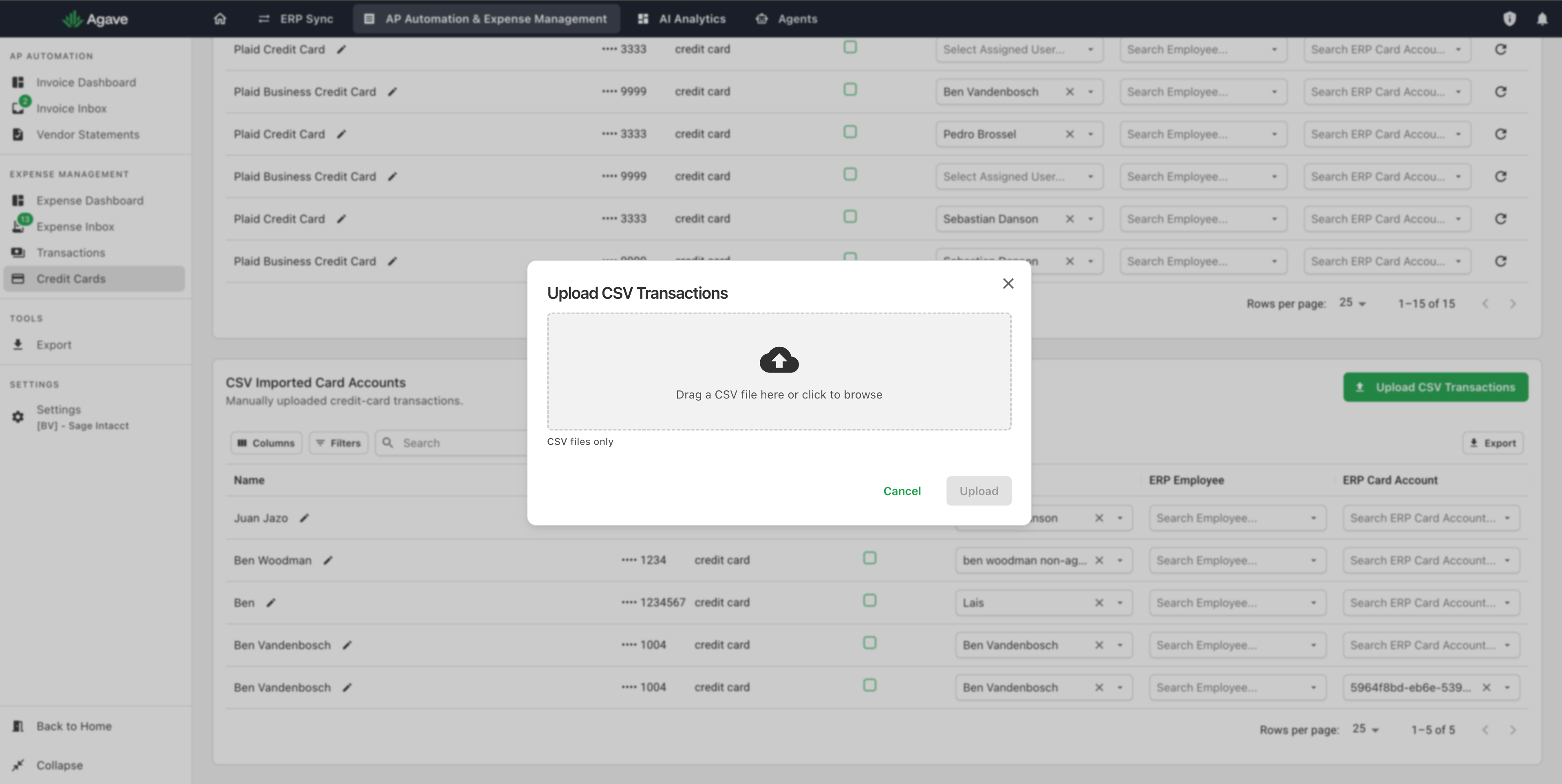 The Upload CSV Transactions dialog with a drag and drop zone reading CSV files only