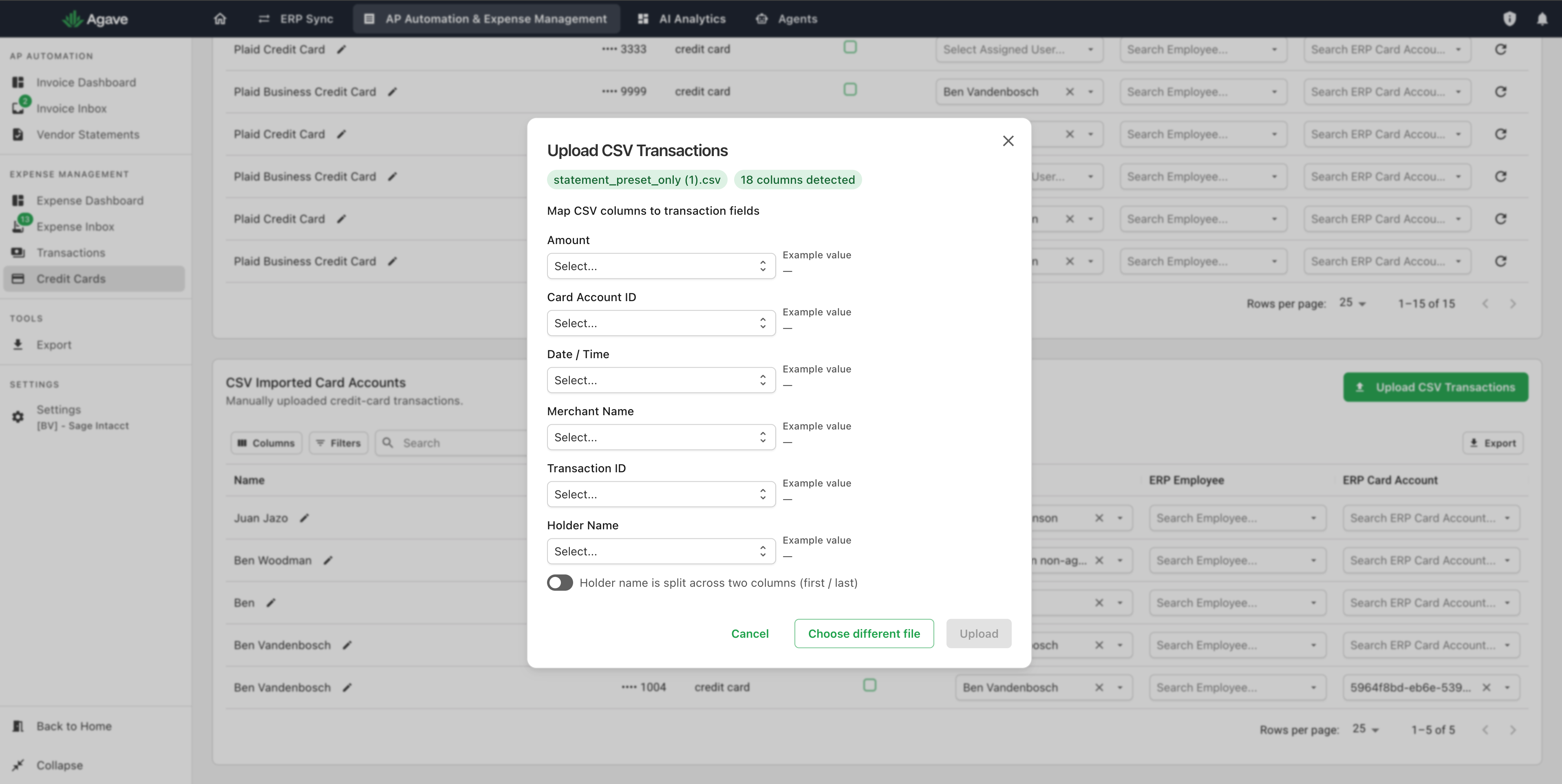 The Upload CSV Transactions dialog listing the fields to map, each with an empty Select dropdown