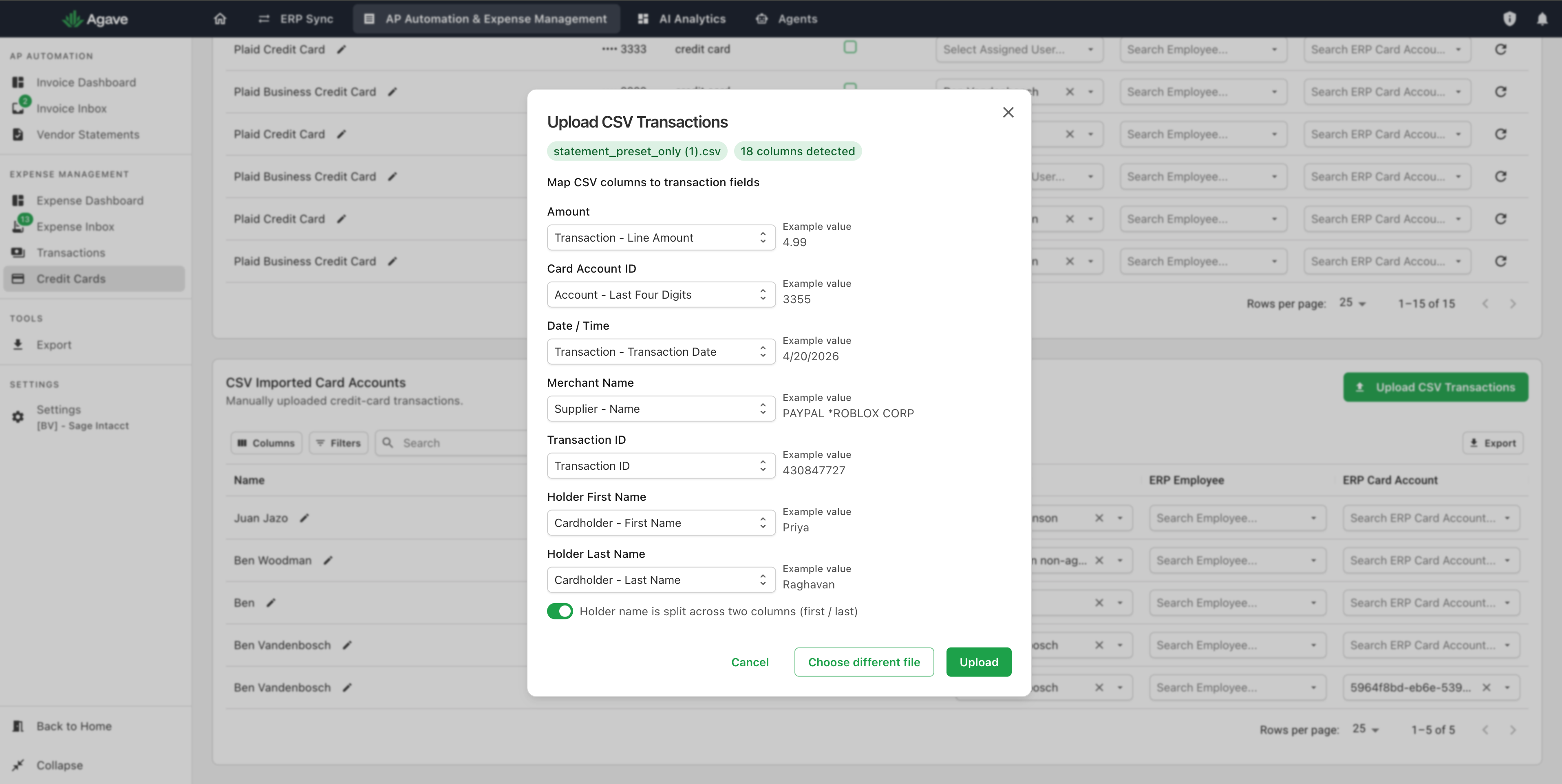 The dialog with every field mapped, example values shown, and the holder name split toggle turned on