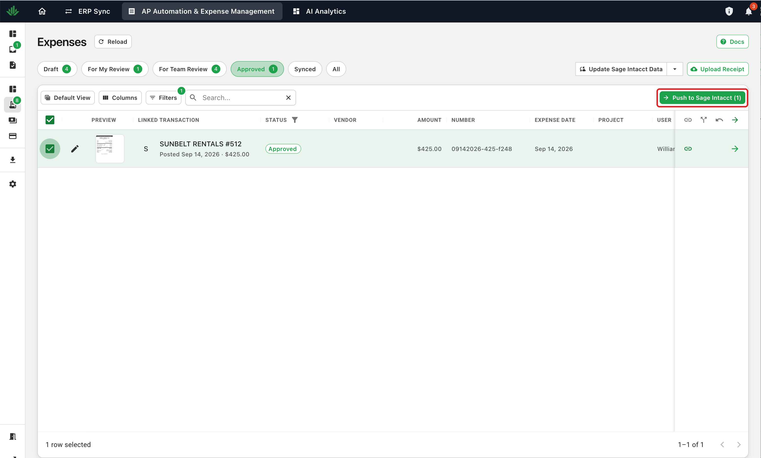 The Approved tab with one expense selected and the Push to Sage Intacct button outlined in red