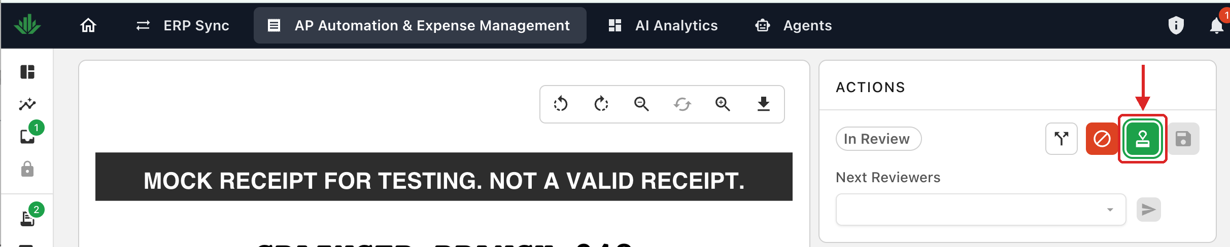 The Actions panel with the green approve button outlined in red and an arrow pointing down to it