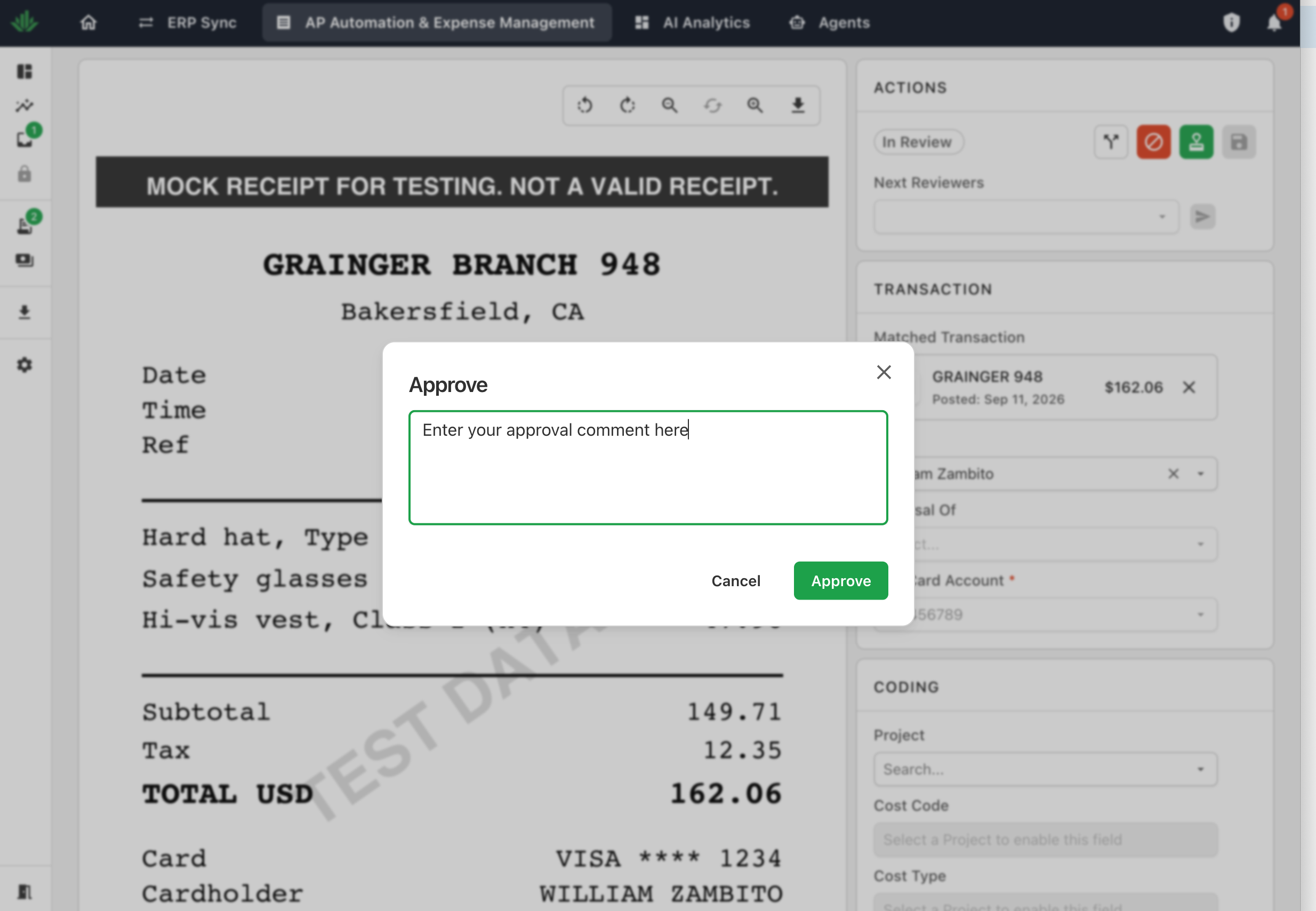 The Approve dialog with an optional comment box and the Cancel and Approve buttons