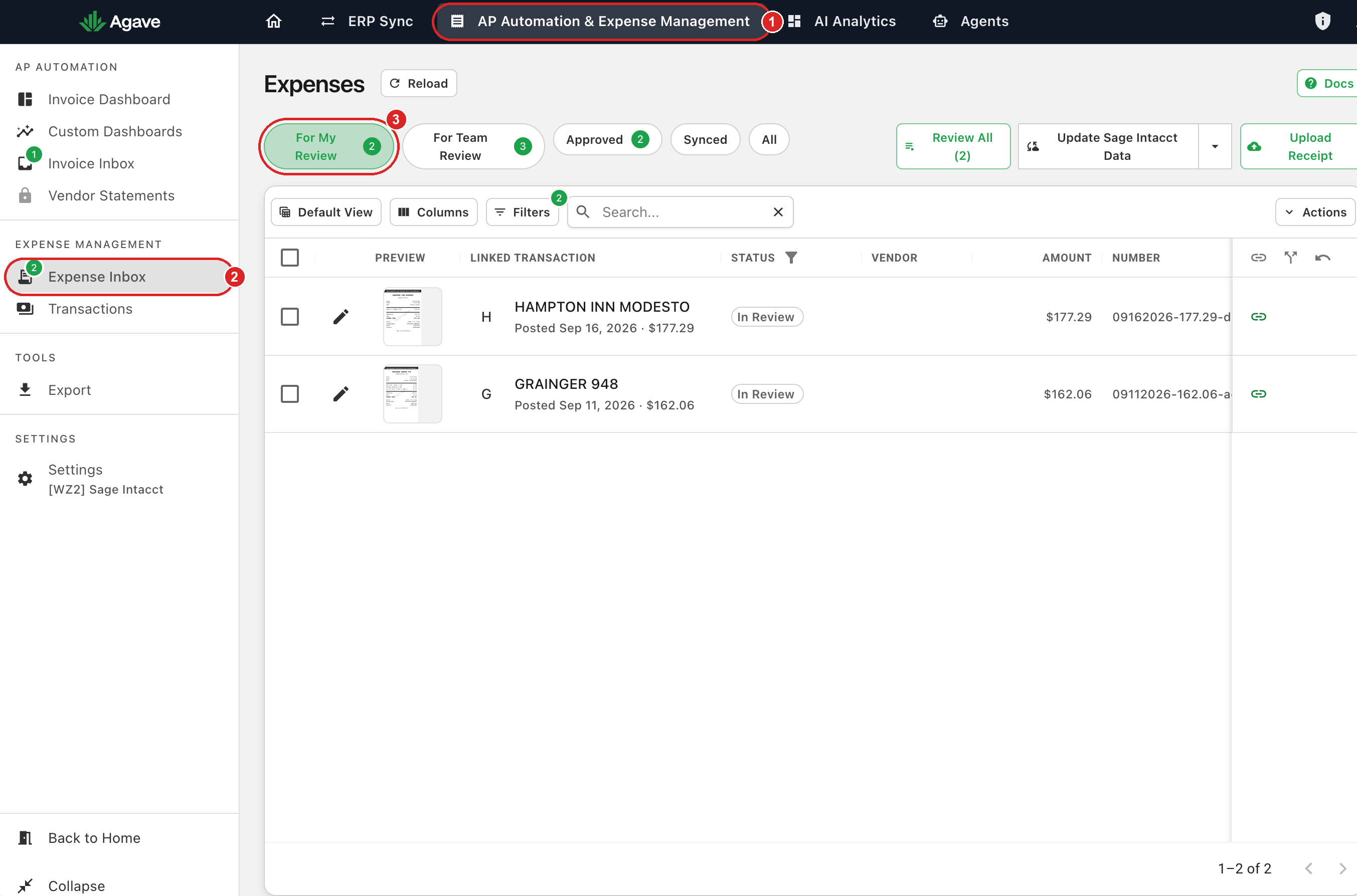 The Expenses page with three numbered callouts: 1 on AP Automation &amp; Expense Management in the top bar, 2 on Expense Inbox in the sidebar, and 3 on the For My Review tab