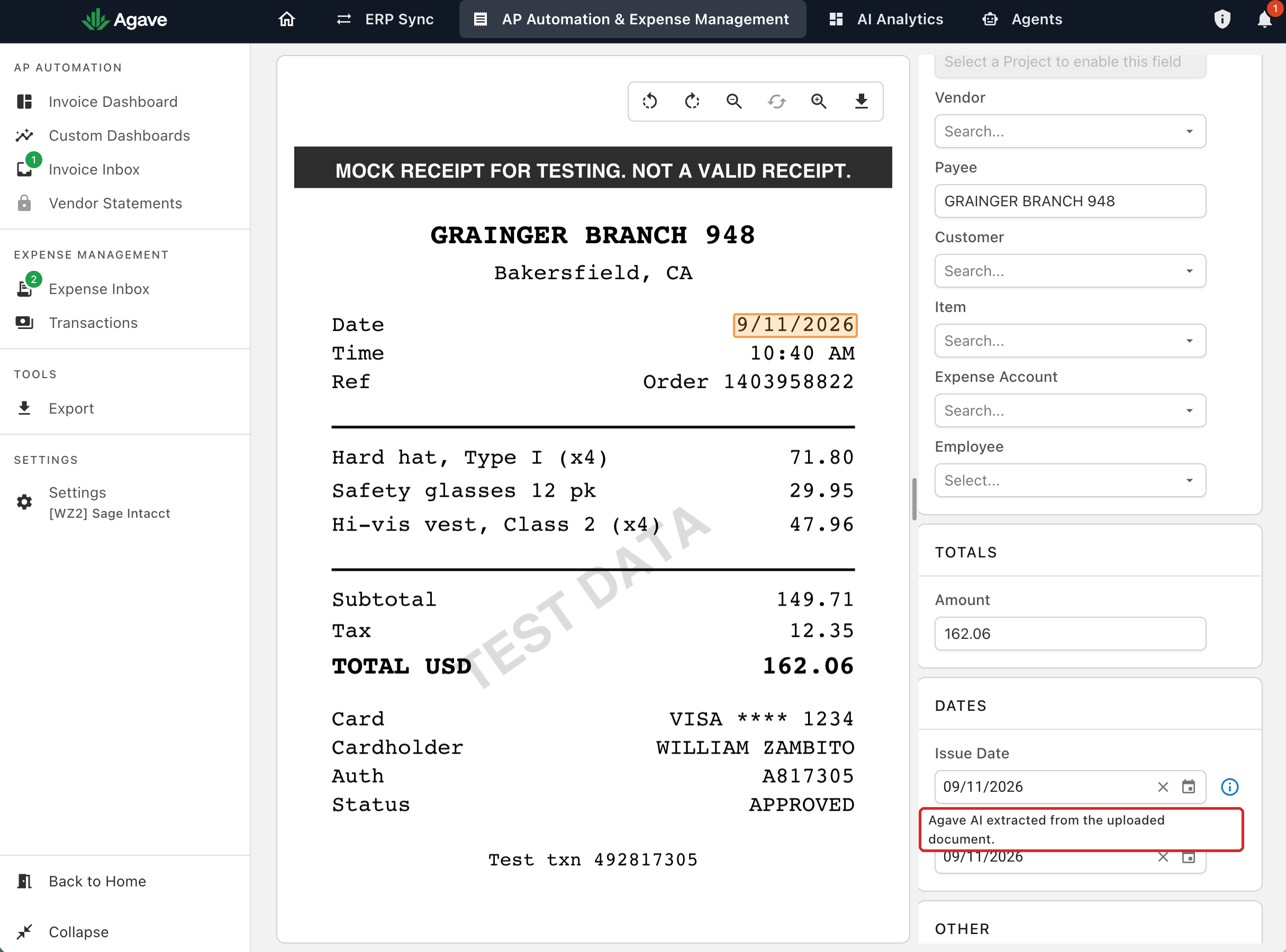 An expense open in the coding view with the Issue Date tooltip reading "Agave AI extracted from the uploaded document" outlined in red, and the matching date highlighted on the receipt