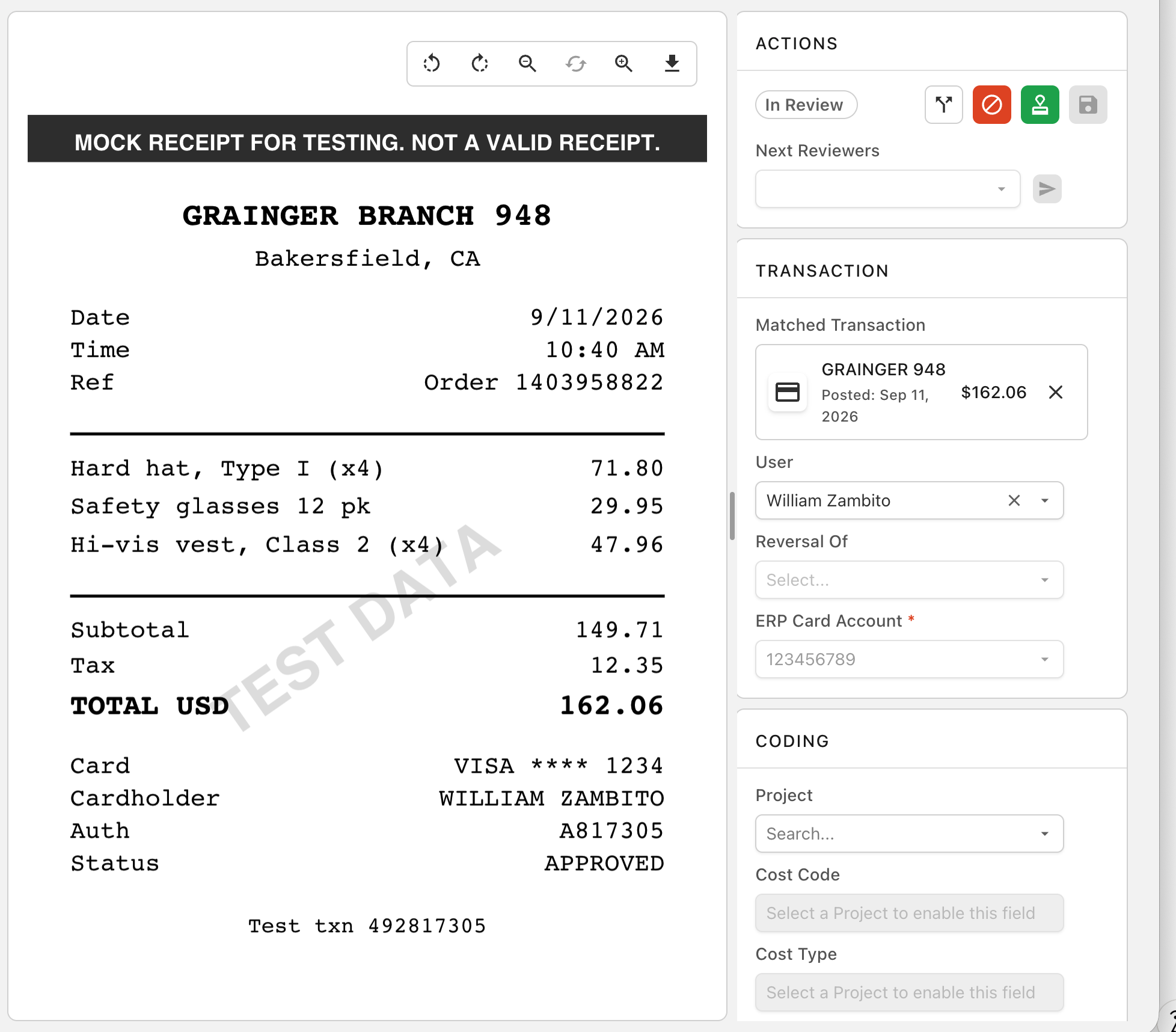 An expense open in the coding view with the receipt on the left and the Actions, Transaction, and Coding panels on the right