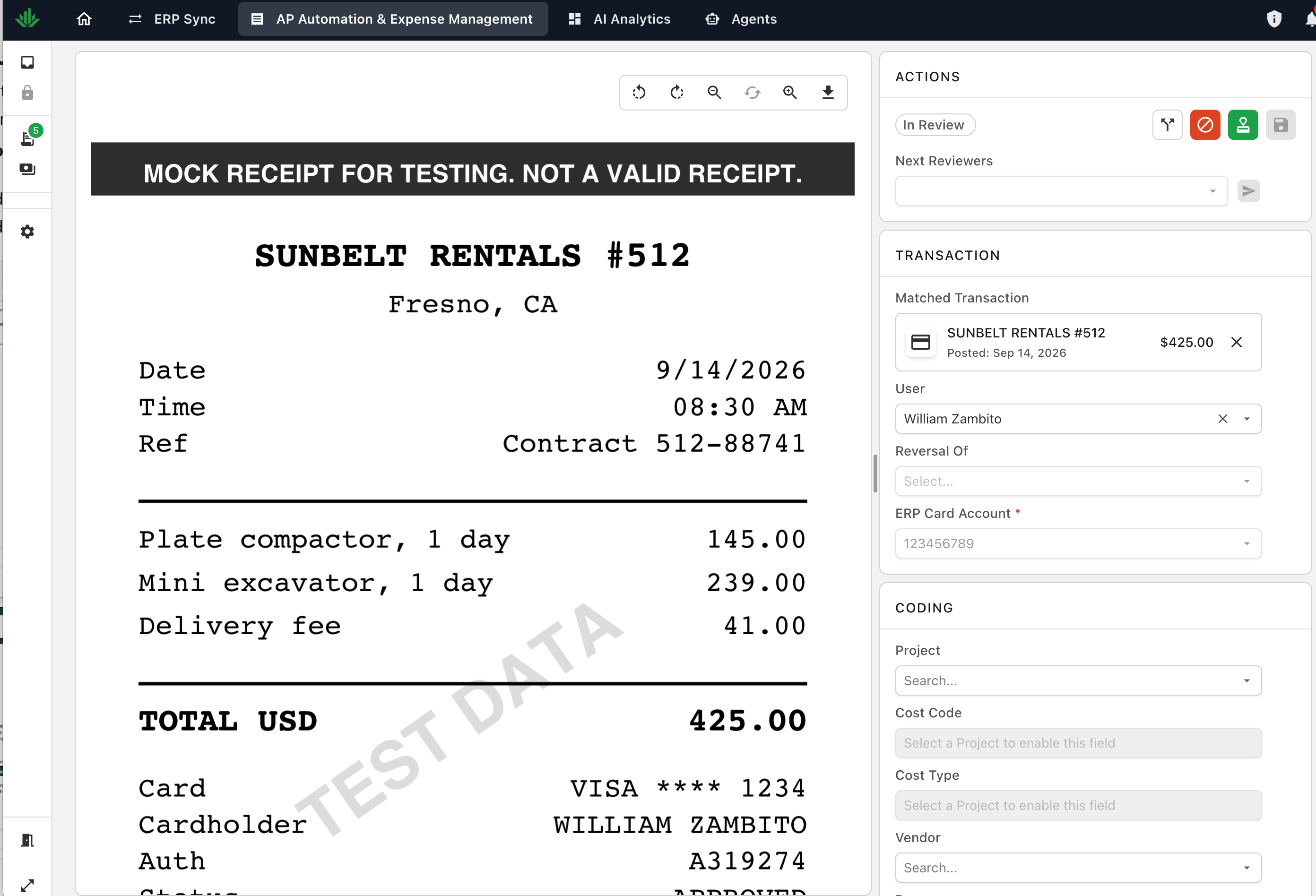 An In Review expense open with the receipt on the left and the Next Reviewers, Transaction, and Coding panels on the right
