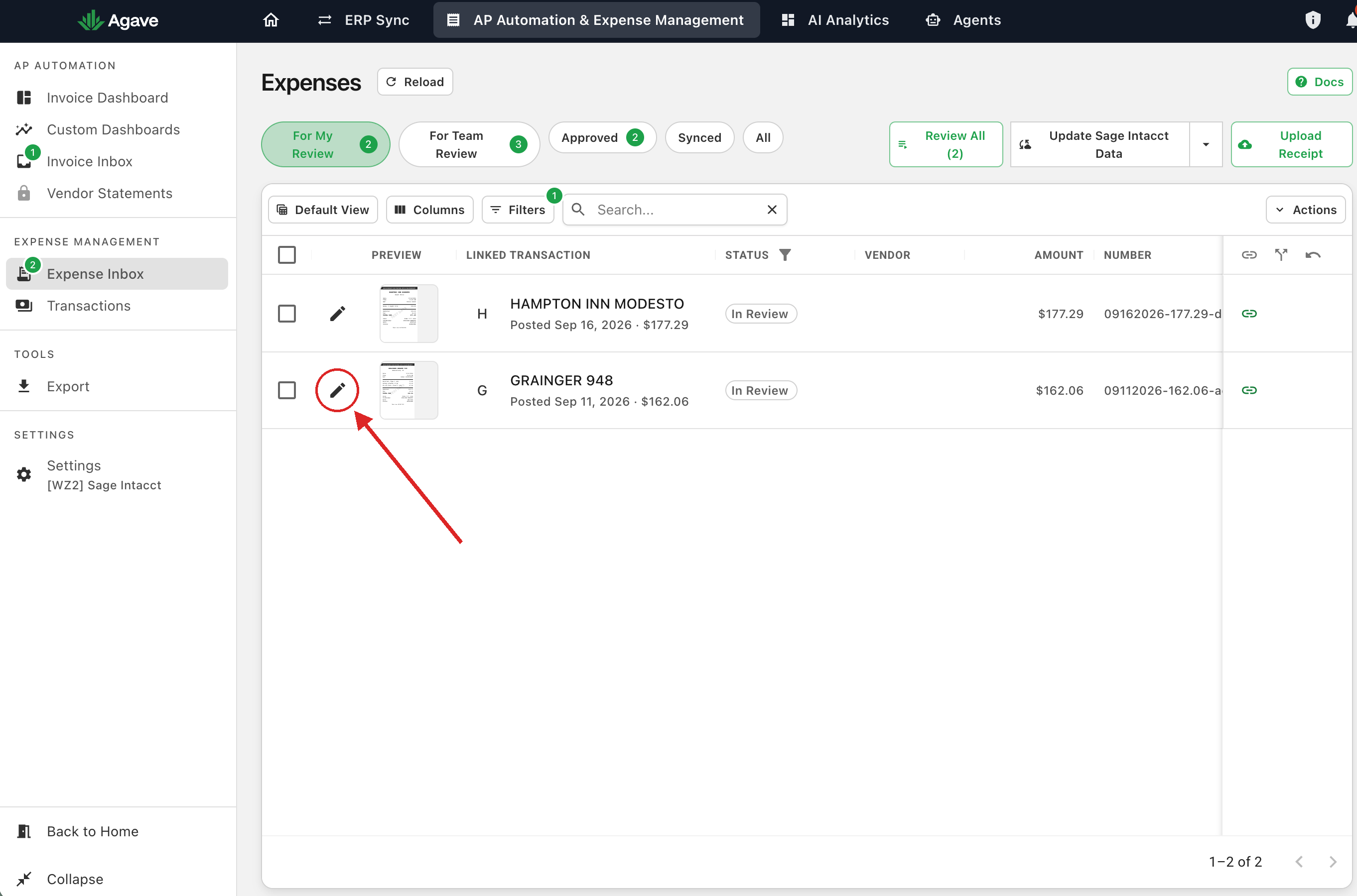 The For My Review tab with the Edit icon on an expense row circled in red and an arrow pointing to it