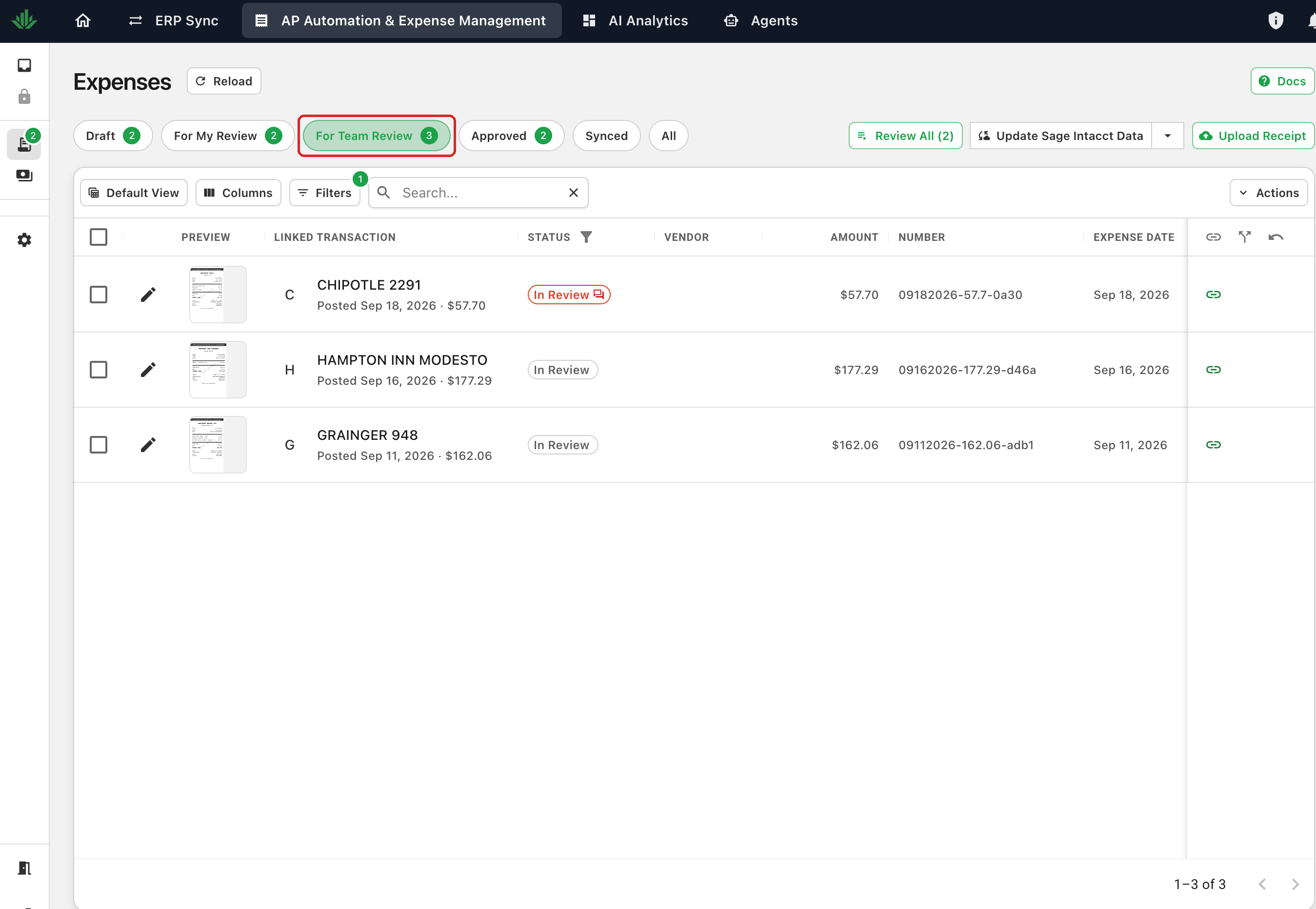 The Expenses page with the For Team Review tab outlined in red, listing in-review expenses across the team
