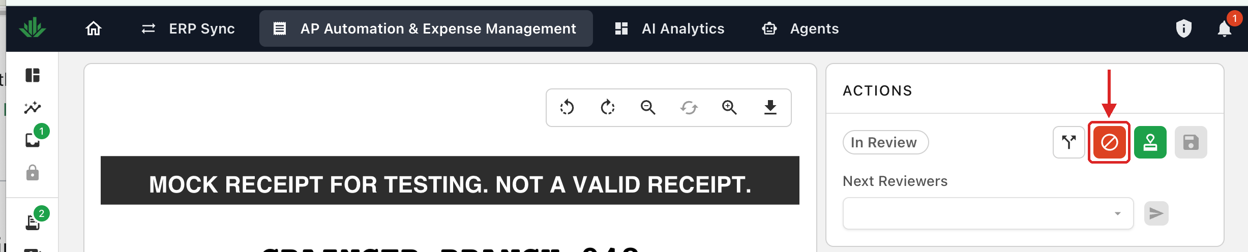 The Actions panel with the red reject button outlined in red and an arrow pointing to it