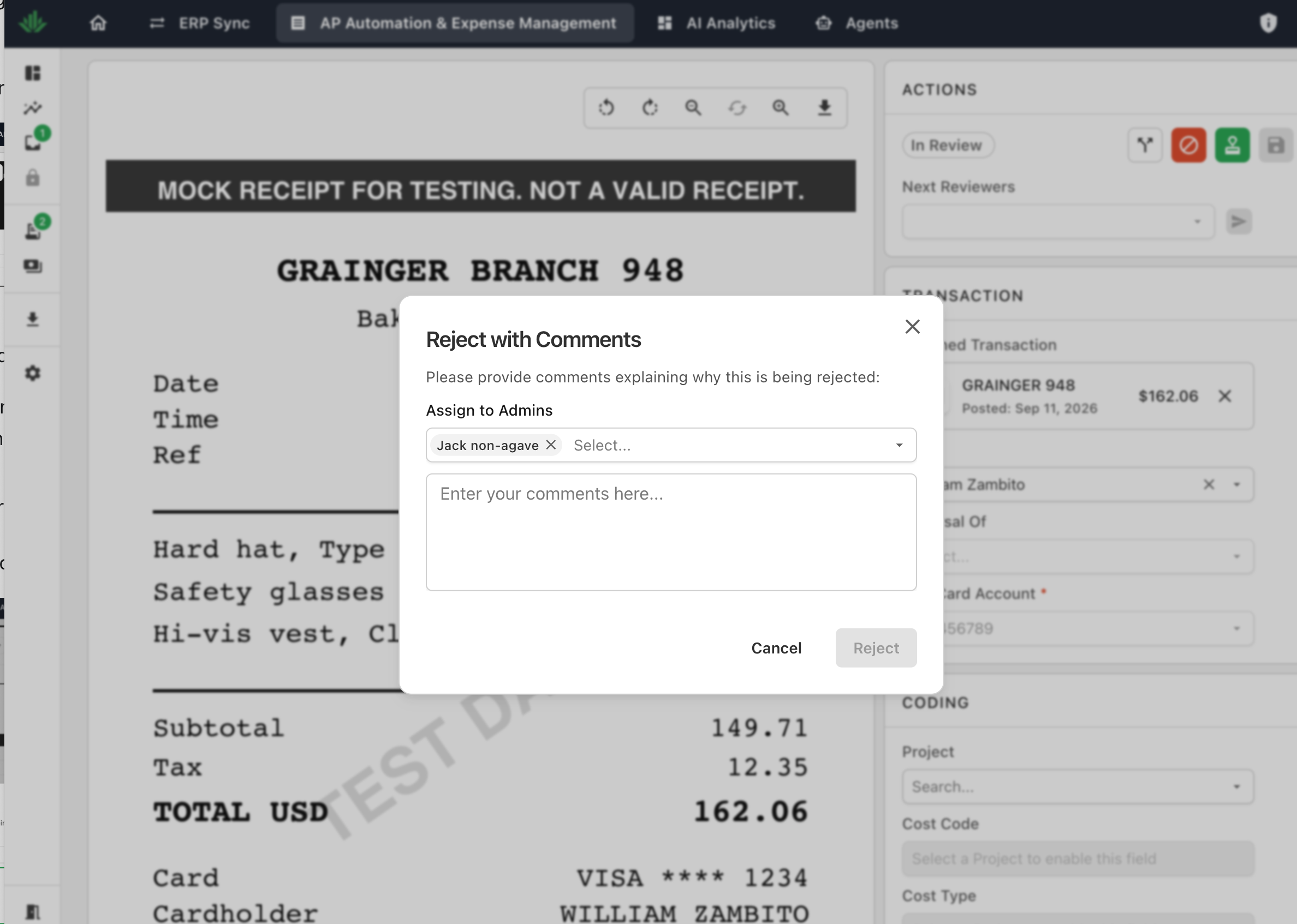 The Reject with Comments dialog with an admin selected under Assign to Admins, an empty comment box, and the Cancel and Reject buttons