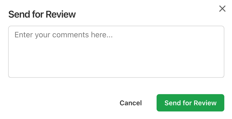 The Send for Review window with a comment box and the Cancel and Send for Review buttons