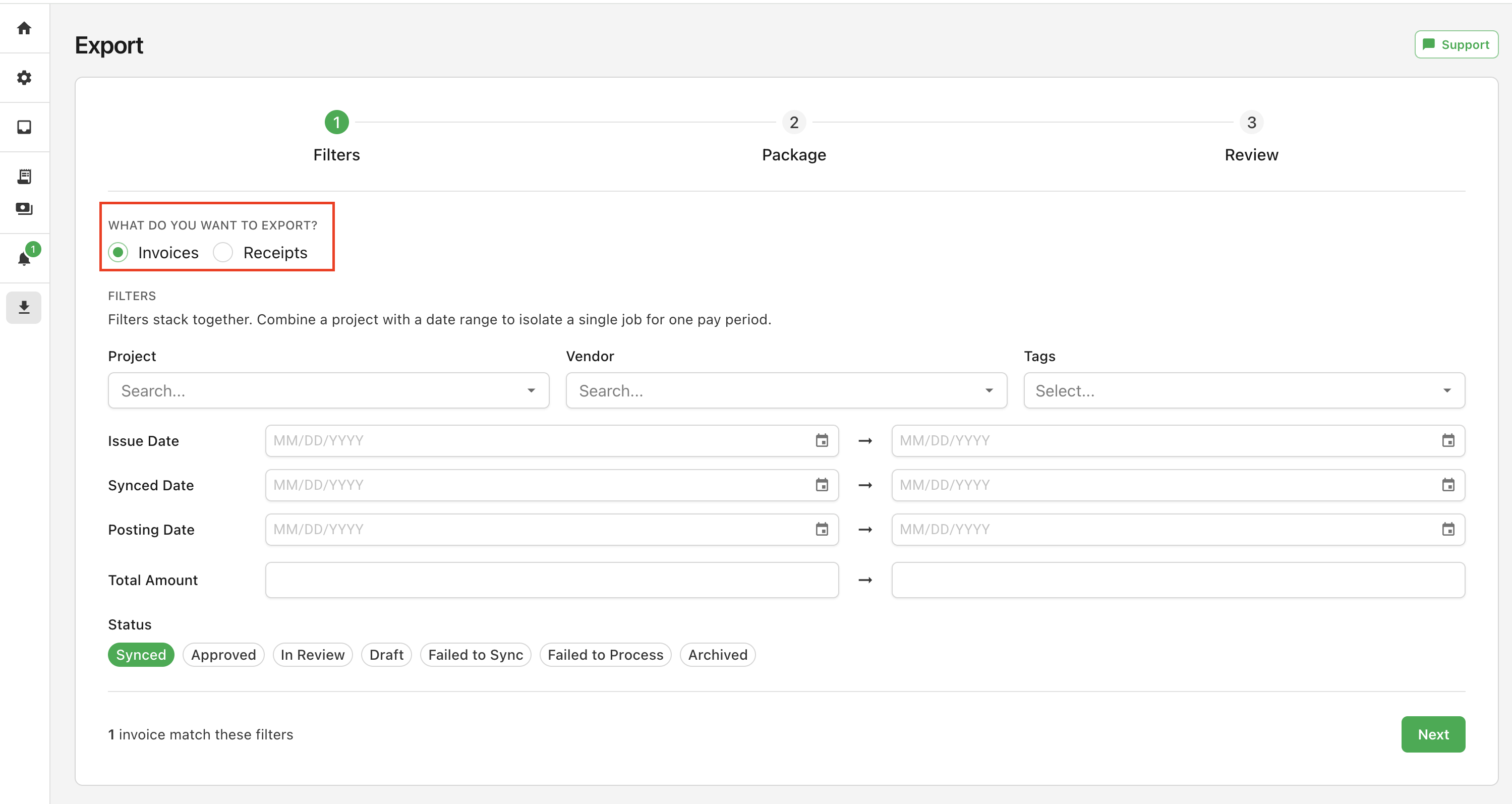 The Export wizard's Filters step, with options to export Invoices or Receipts and filter by project, vendor, tags, dates, amount, and status