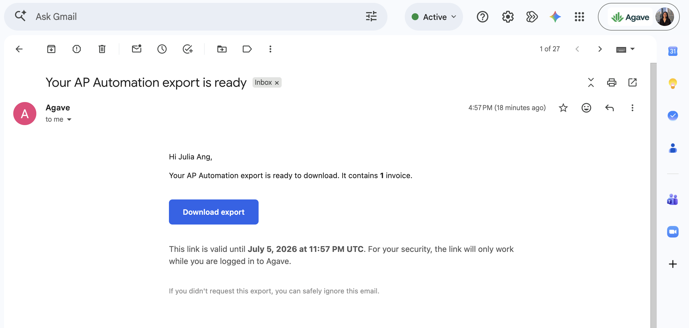 The Export wizard's Filters step, with options to export Invoices or Receipts and filter by project, vendor, tags, dates, amount, and status