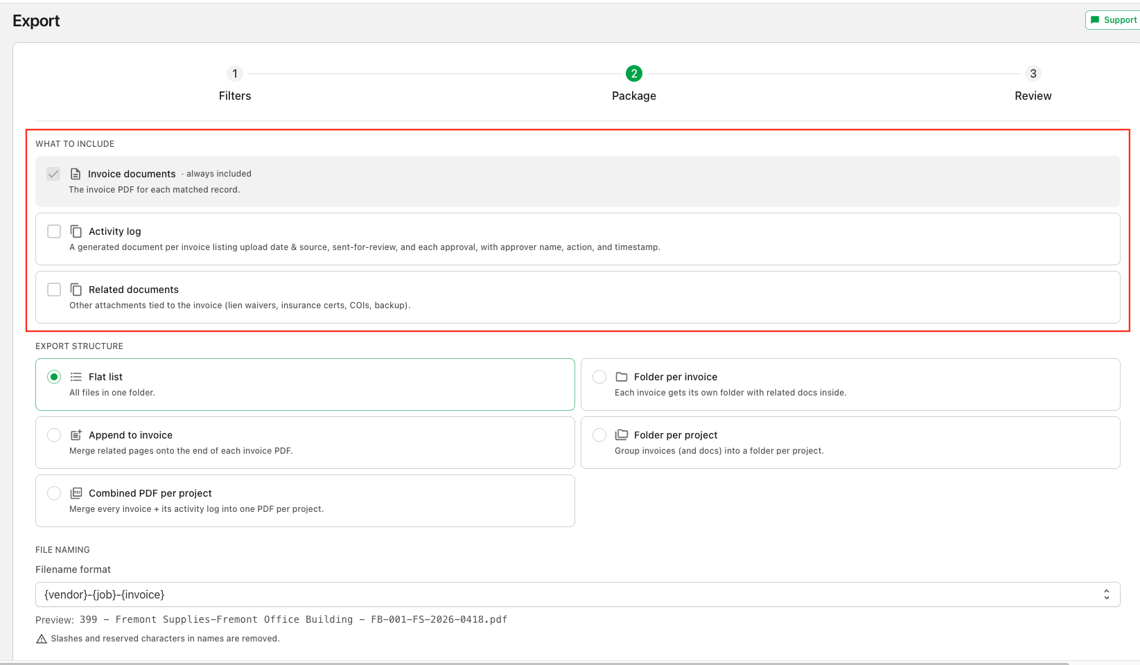 The Export wizard's Filters step, with options to export Invoices or Receipts and filter by project, vendor, tags, dates, amount, and status