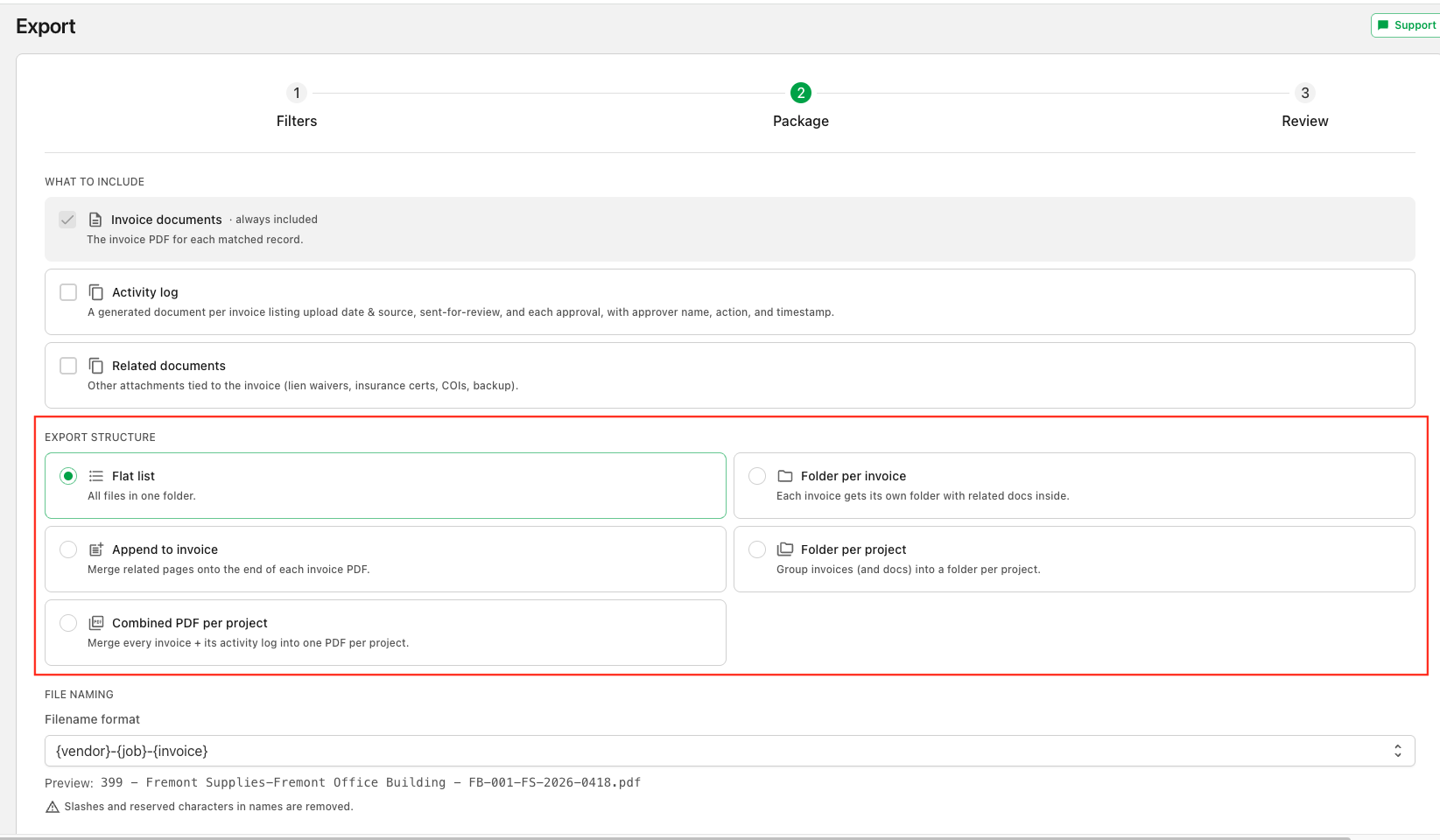 The Export wizard's Filters step, with options to export Invoices or Receipts and filter by project, vendor, tags, dates, amount, and status