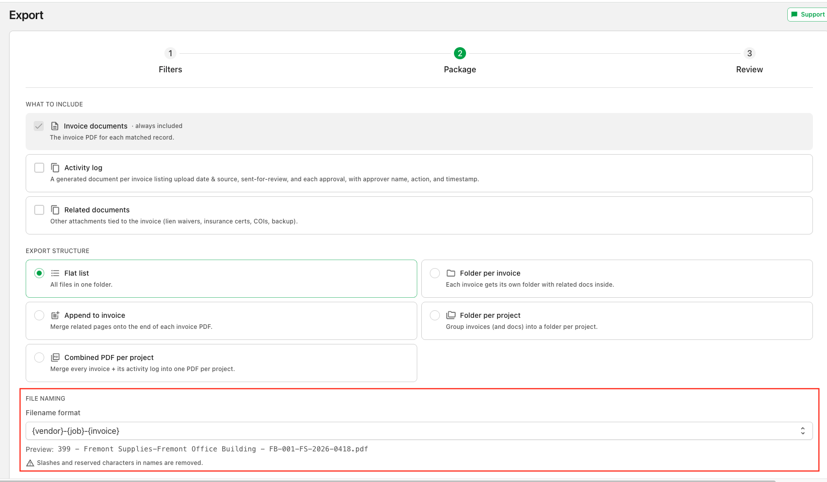 The Export wizard's Filters step, with options to export Invoices or Receipts and filter by project, vendor, tags, dates, amount, and status