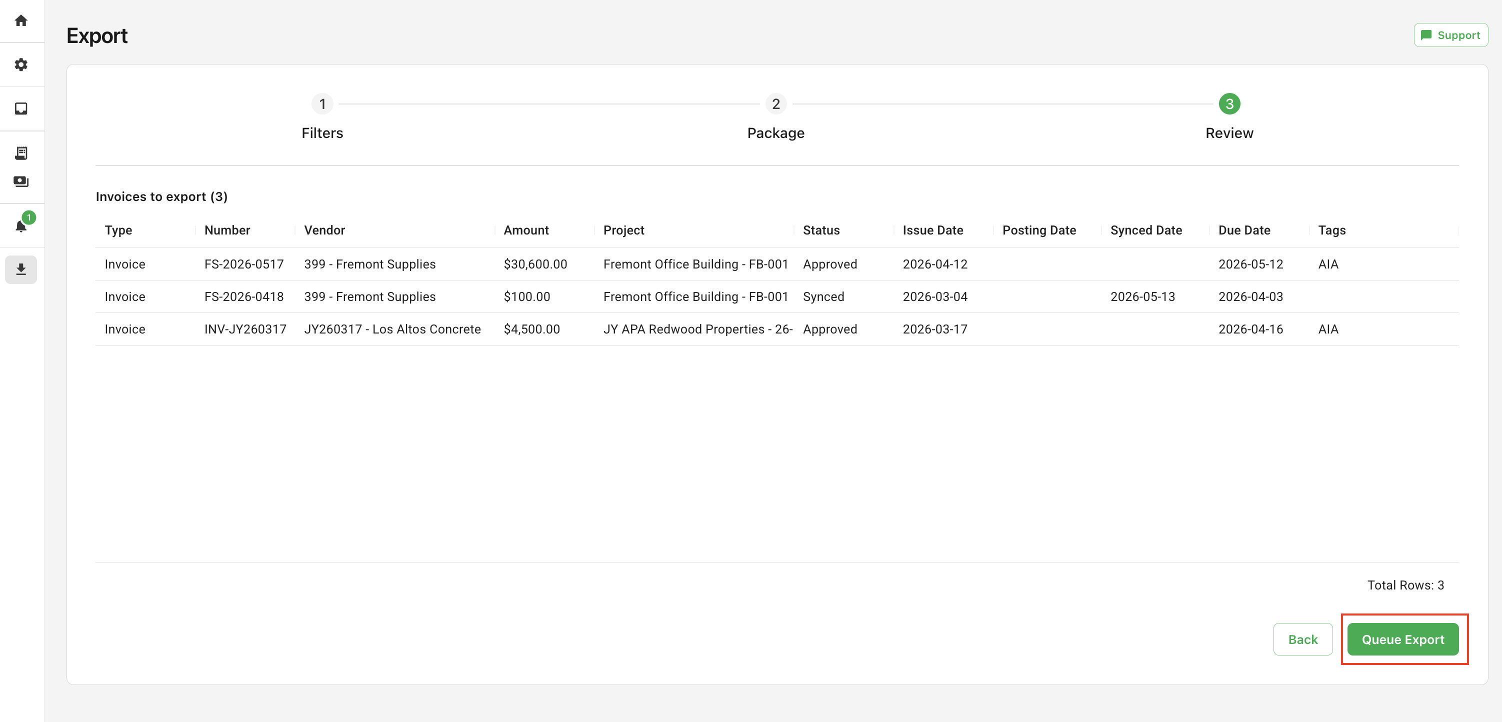 The Export wizard's Filters step, with options to export Invoices or Receipts and filter by project, vendor, tags, dates, amount, and status