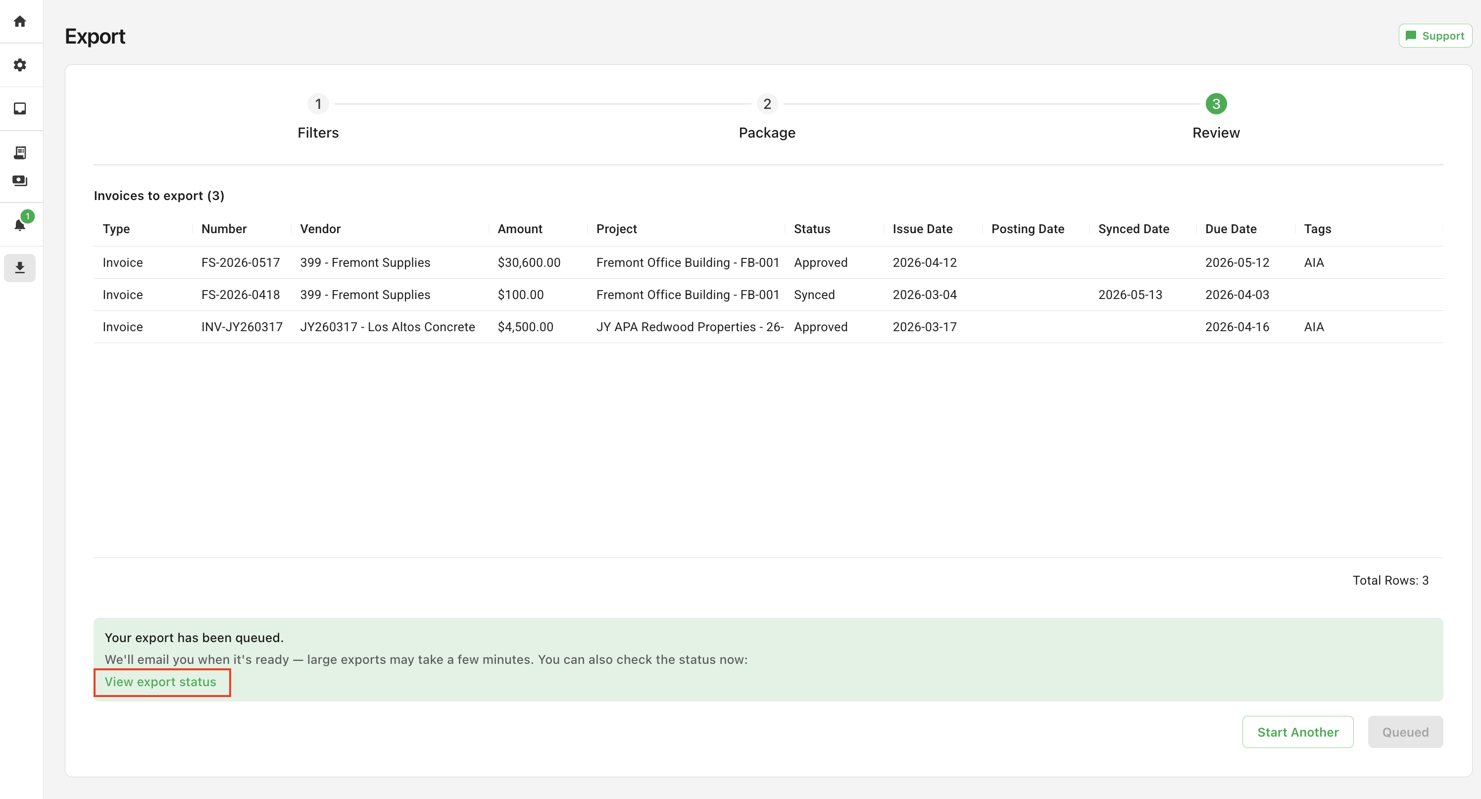 The Export wizard's Filters step, with options to export Invoices or Receipts and filter by project, vendor, tags, dates, amount, and status