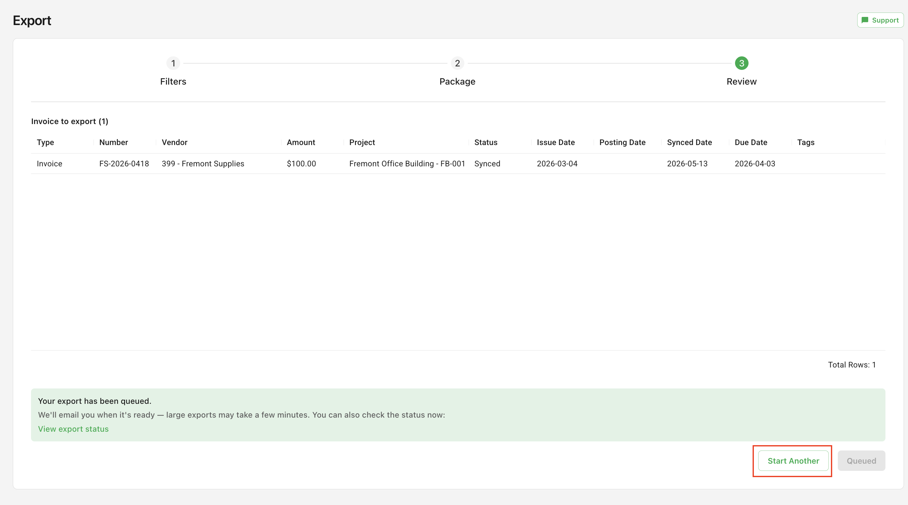 The Export wizard's Filters step, with options to export Invoices or Receipts and filter by project, vendor, tags, dates, amount, and status