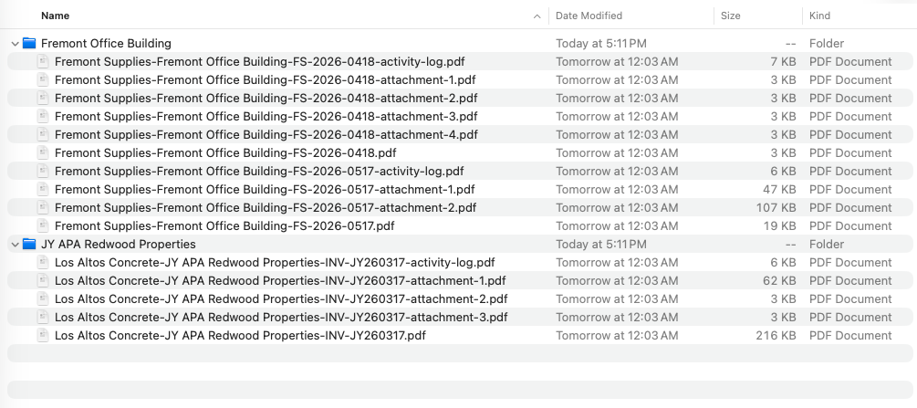 A real Folder per project export opened in Finder, with one folder per project containing invoice PDFs, activity logs, and attachments
