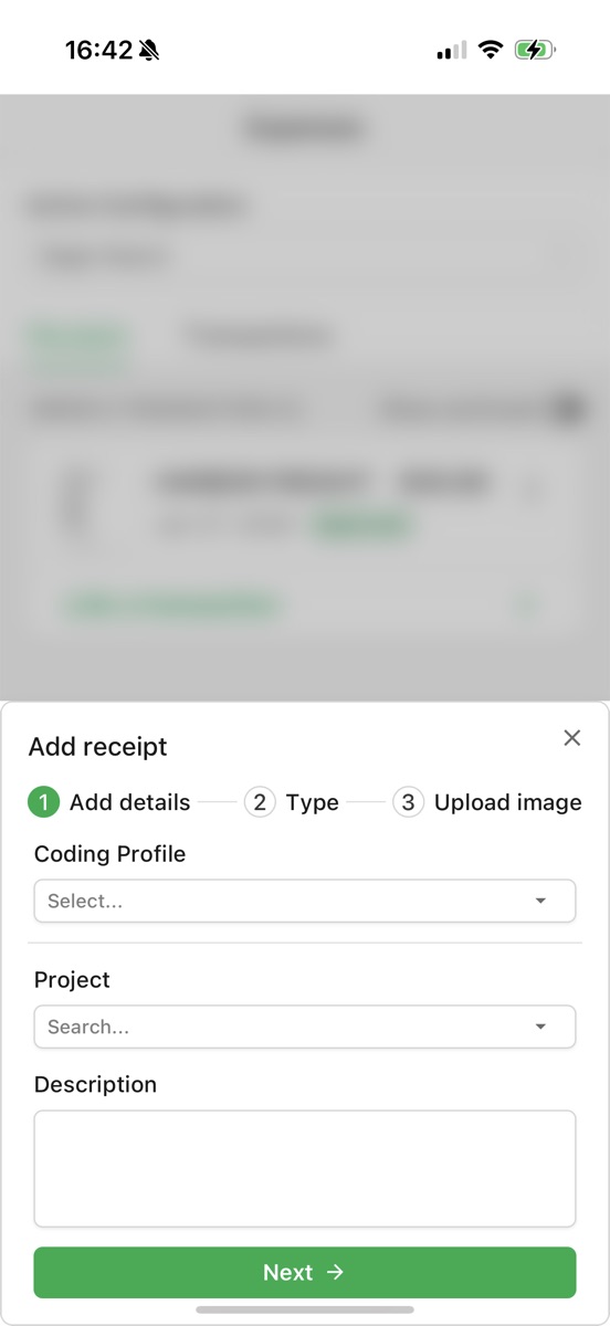 The Add receipt screen in the field app showing Coding Profile, Project, and Description on the Add details step