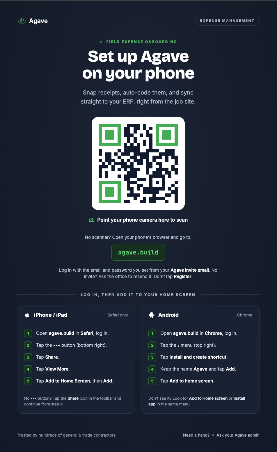 The Field app onboarding sheet with a large QR code, the agave.build fallback, and numbered install steps for iPhone and Android