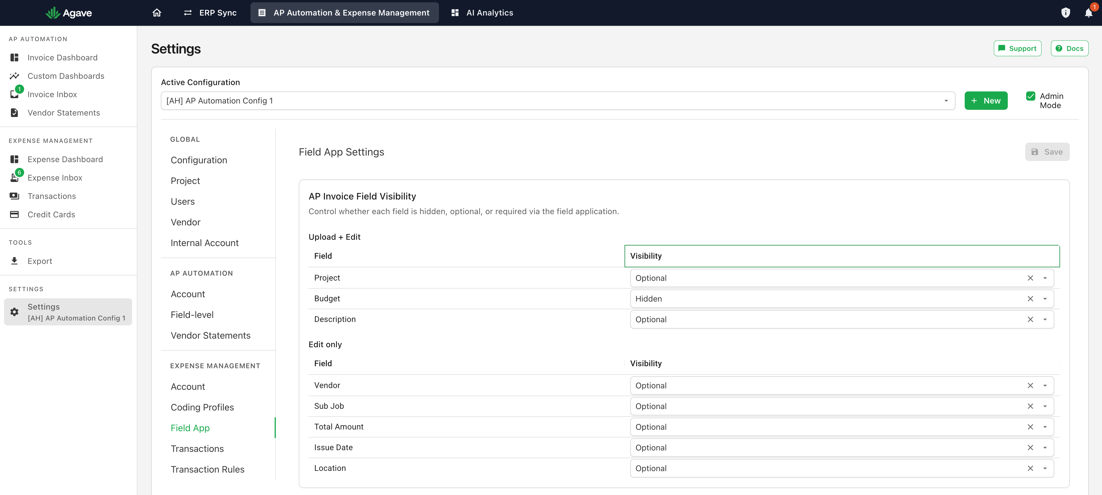 The Field App Settings page showing the receipt upload visibility matrix with its Upload + Edit and Edit only groups