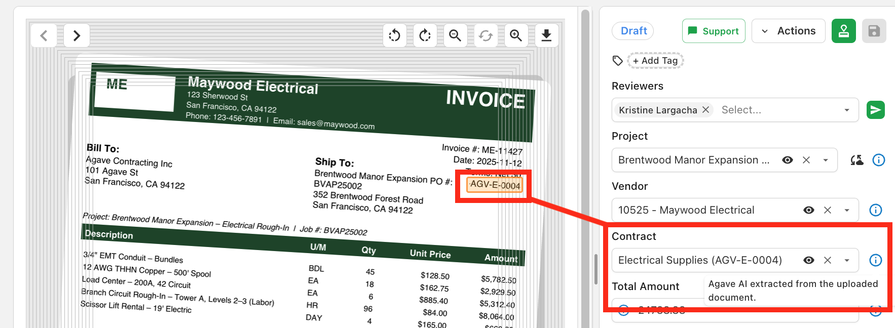 Contract field matched to PO number extracted from the invoice