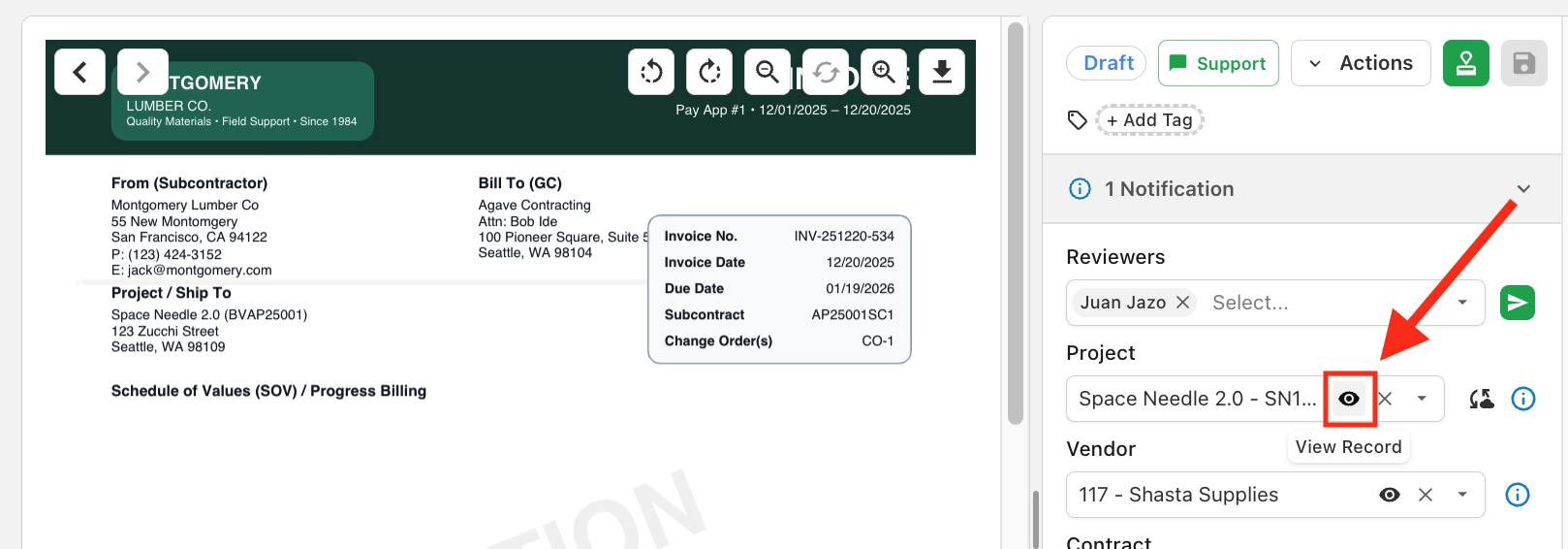 Project field with view icon to open the ERP record