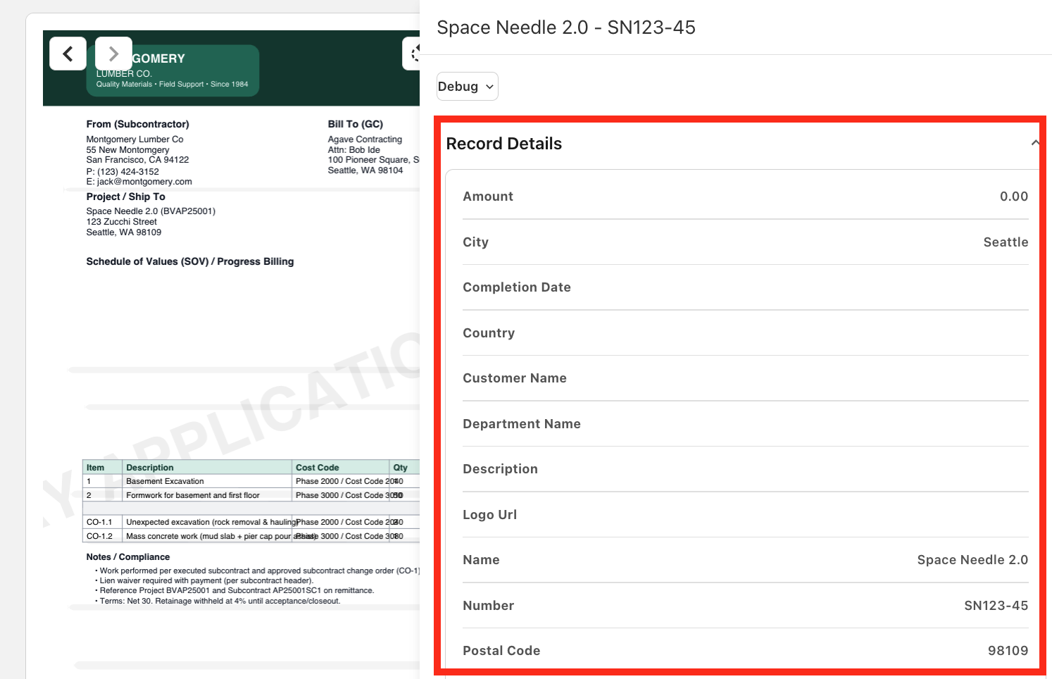 ERP record details panel opened from the view icon