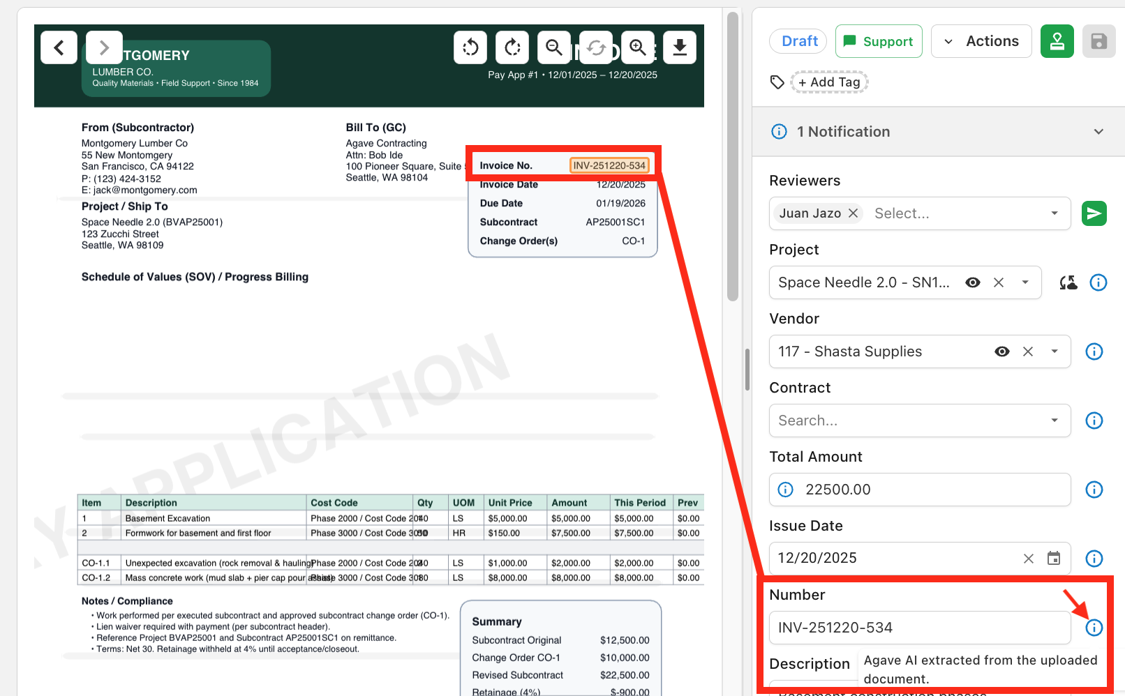 Invoice Number field with Agave AI extraction breadcrumb