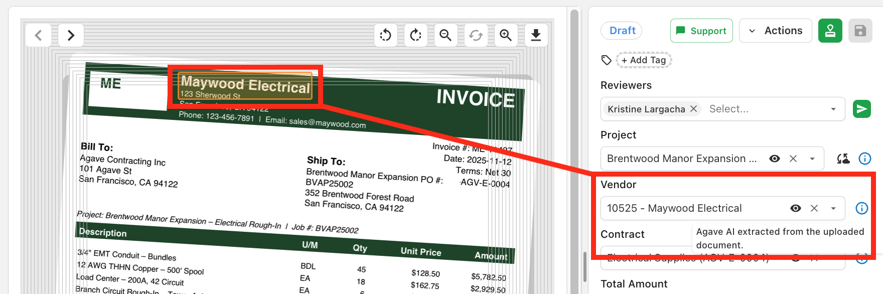 Vendor field matched from invoice extraction with document highlight